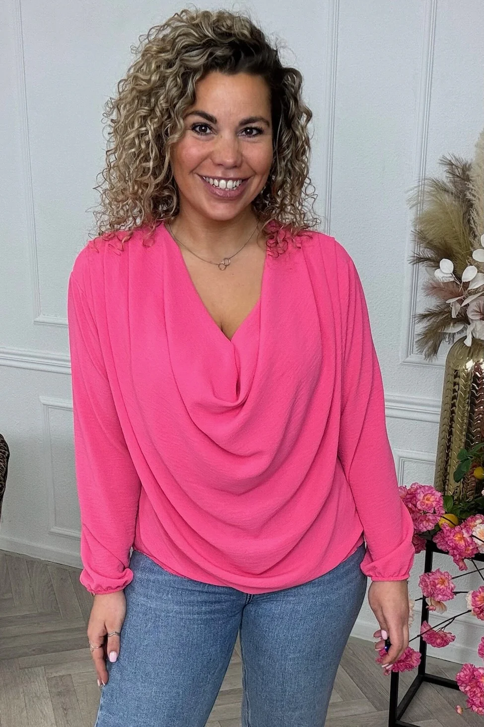 Long Sleeve Waterfall Top - Candy Pink