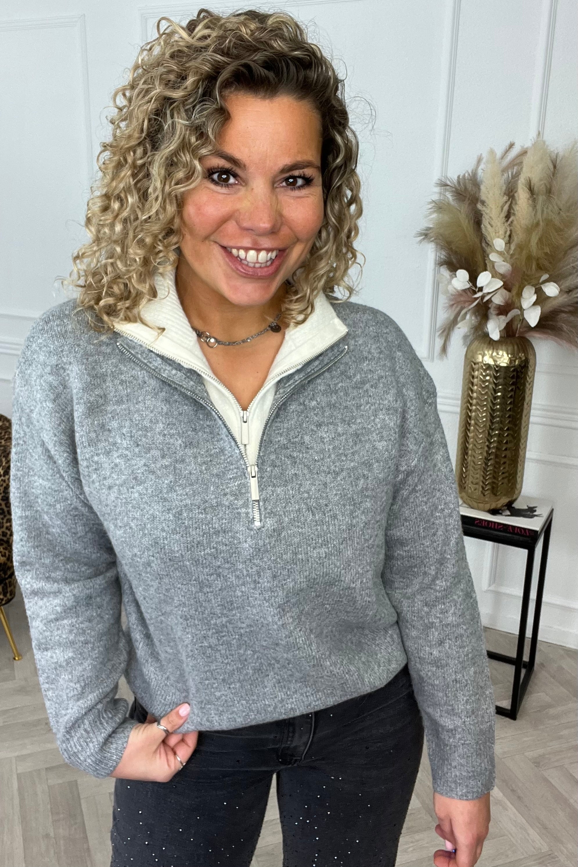 Madeleine Zipper Sweater - Grey/White - Image 10