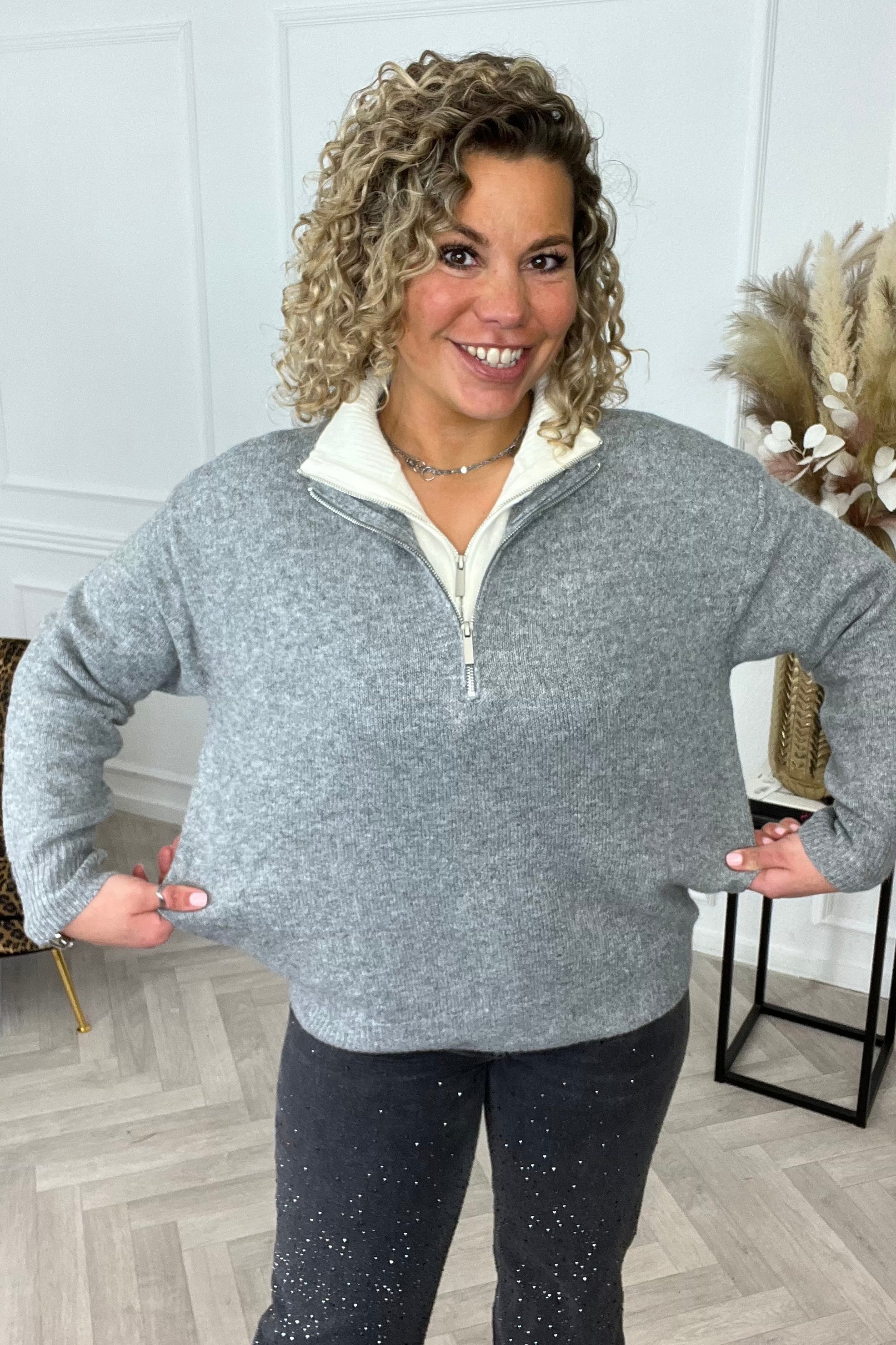 Madeleine Zipper Sweater - Grey/White - Image 13
