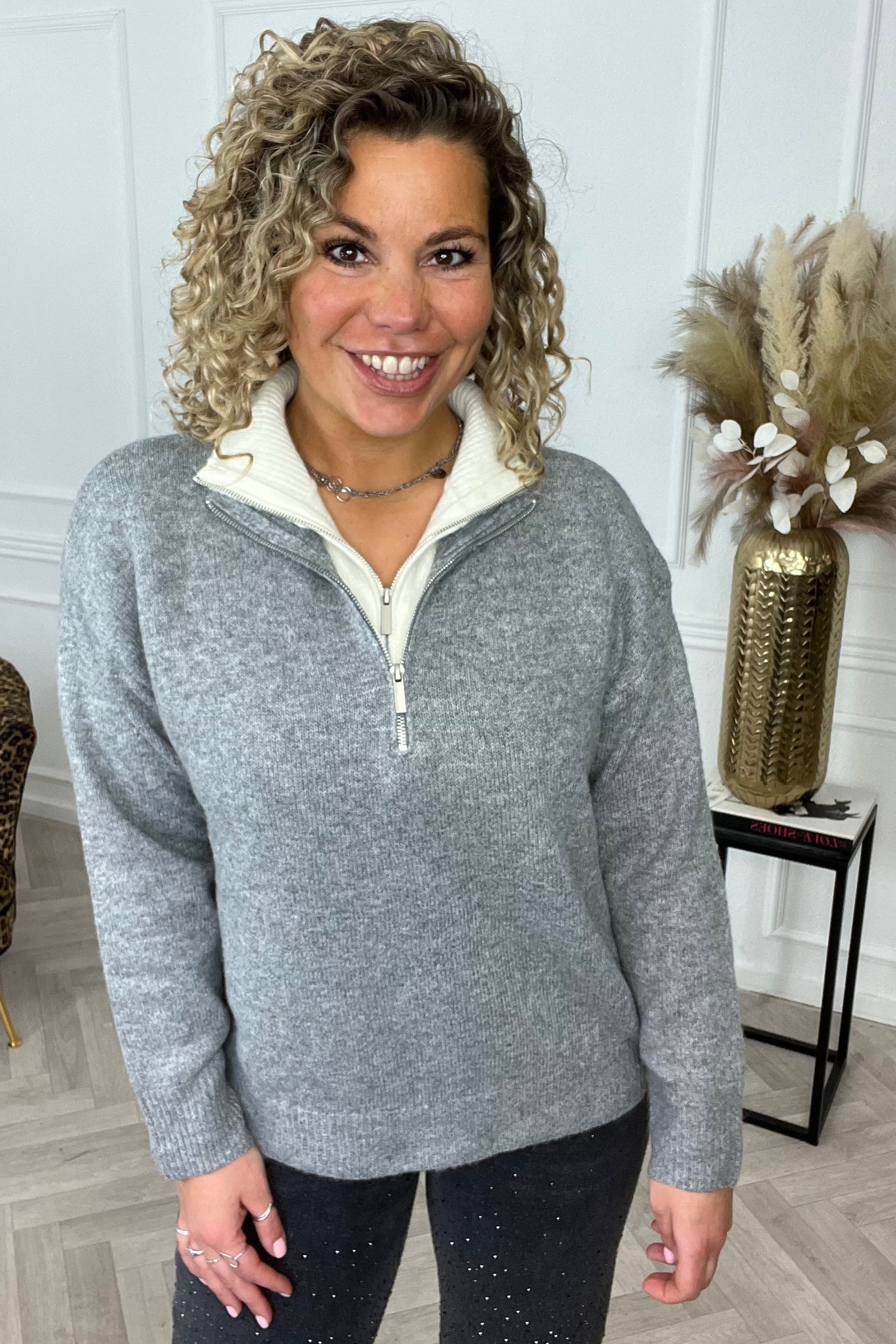 Madeleine Zipper Sweater - Grey/White - Image 14