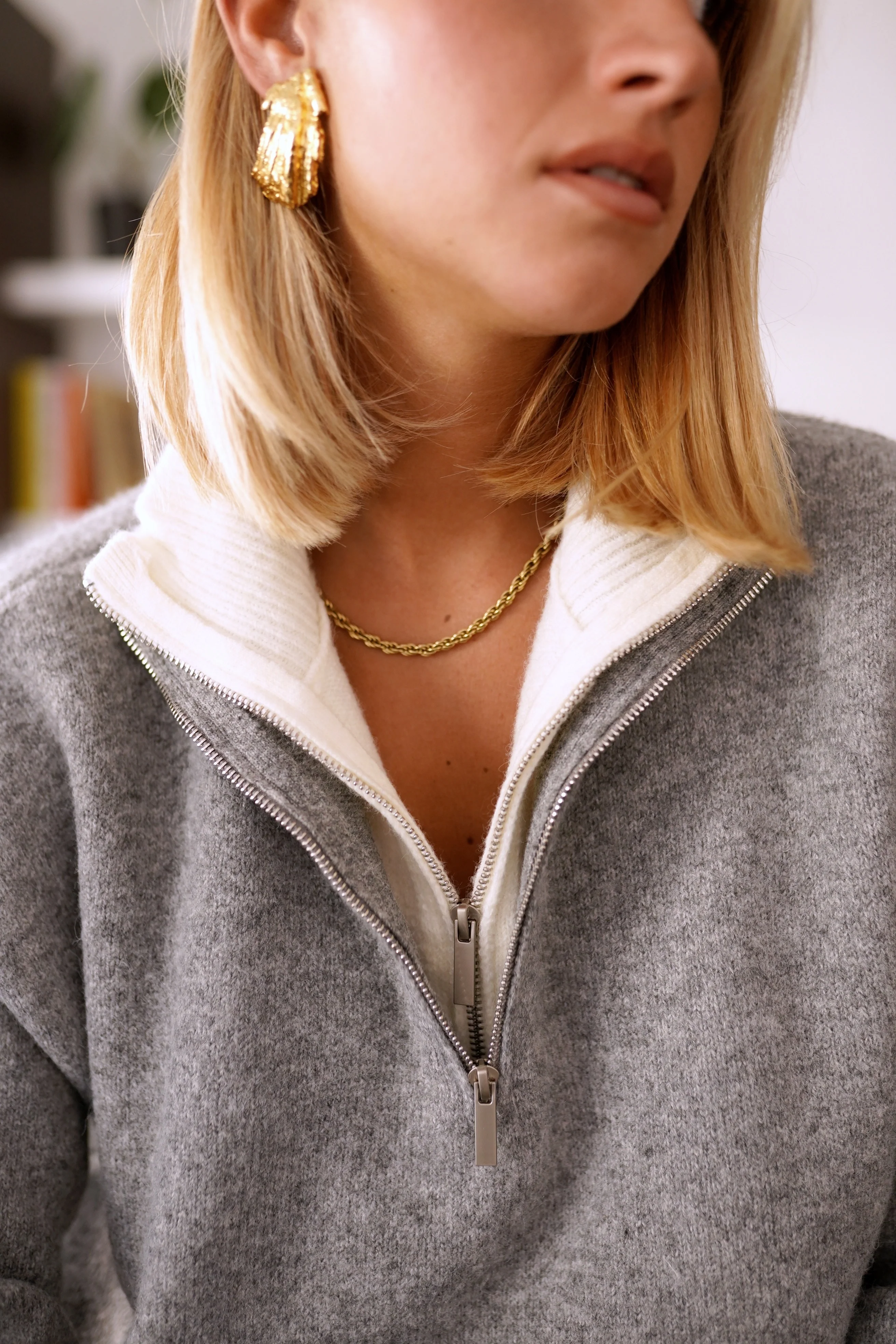 Madeleine Zipper Sweater - Grey/White - Image 8