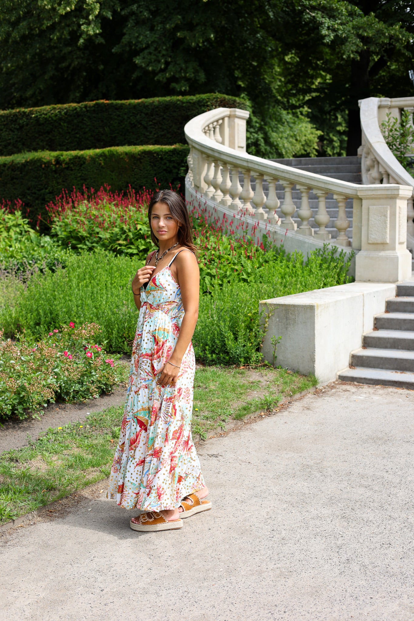 Maxi Dots Leaves Dress - White/Multi - Image 2