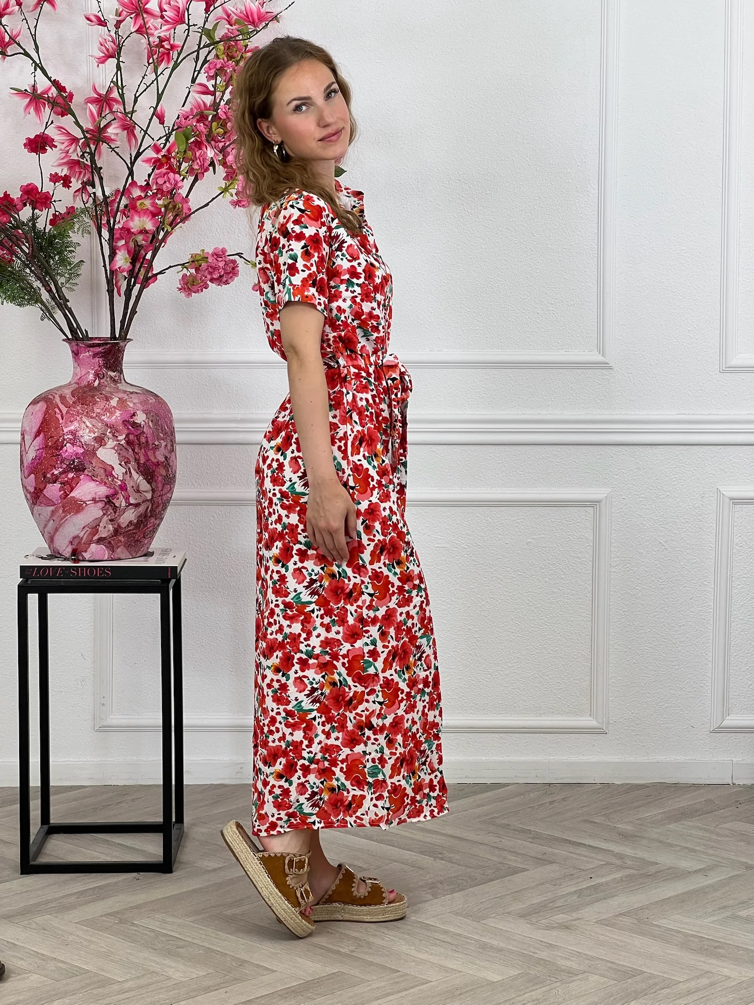 Maxi Flower Wrap Dress - White/Red - Image 3