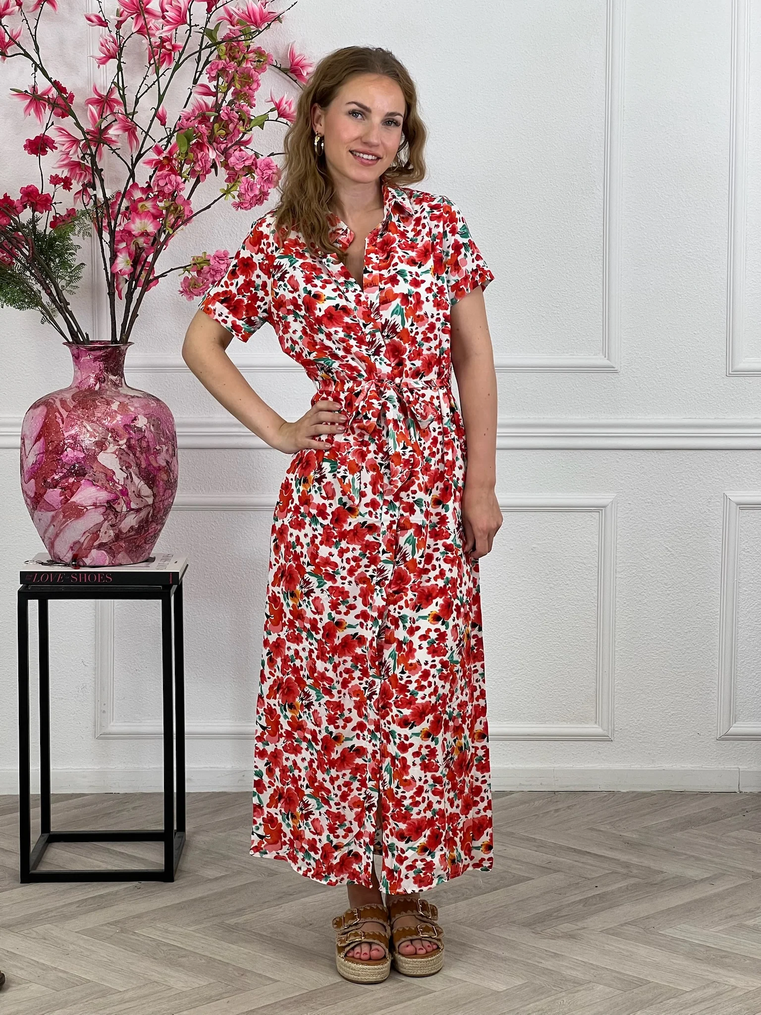 Maxi Flower Wrap Dress - White/Red - Image 4