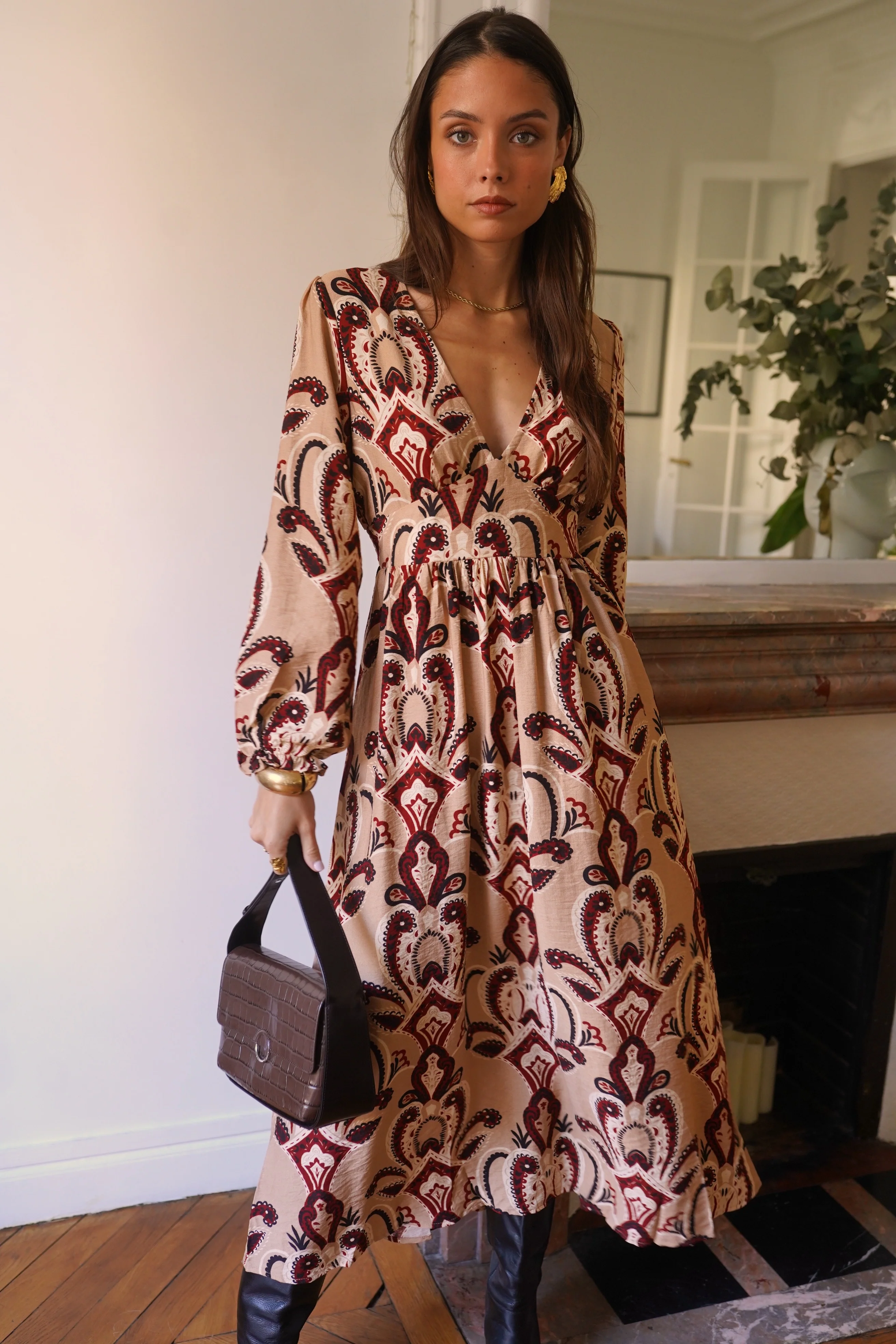 Maxi Pattern Dress - Khaki/Red - Image 2