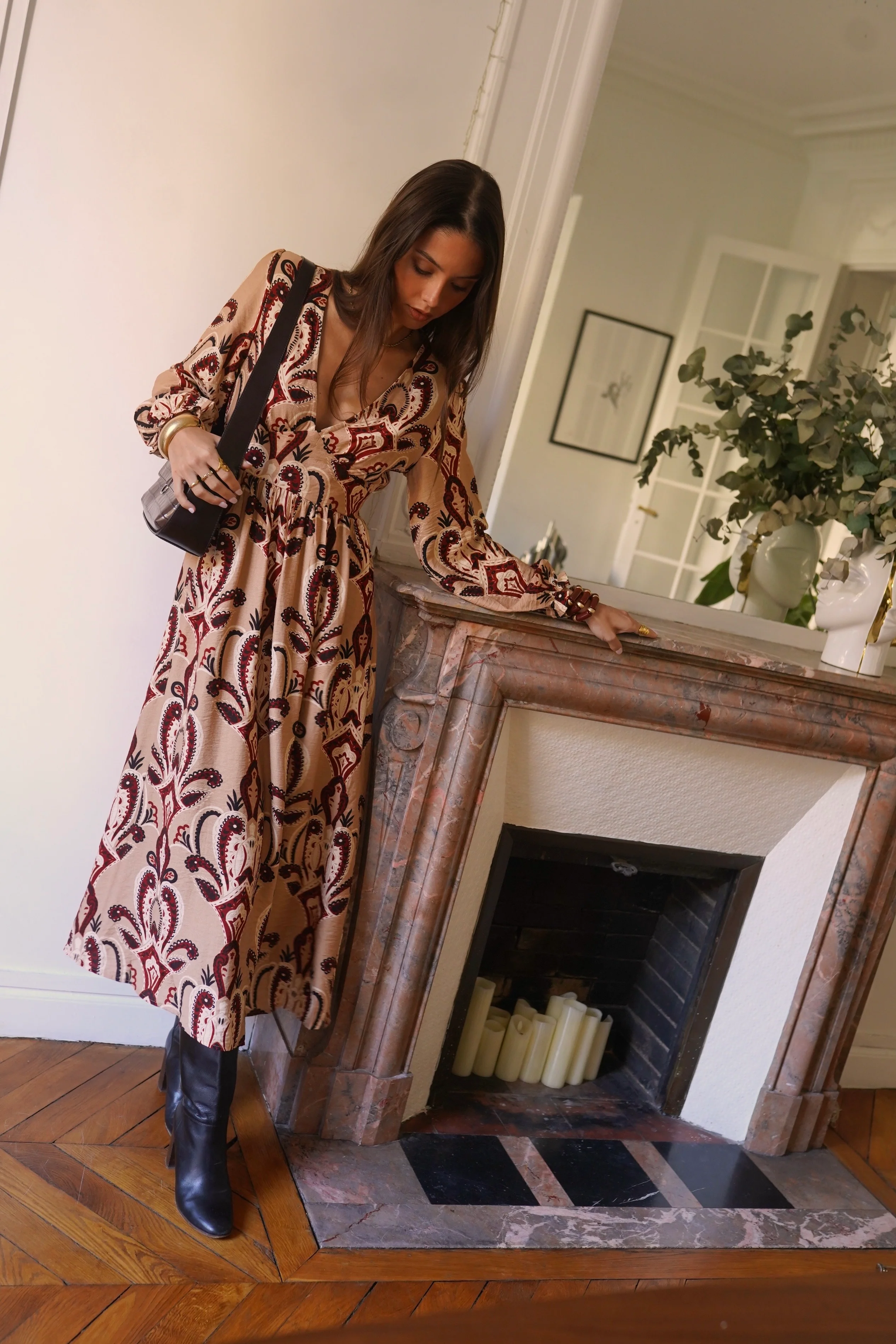 Maxi Pattern Dress - Khaki/Red - Image 3