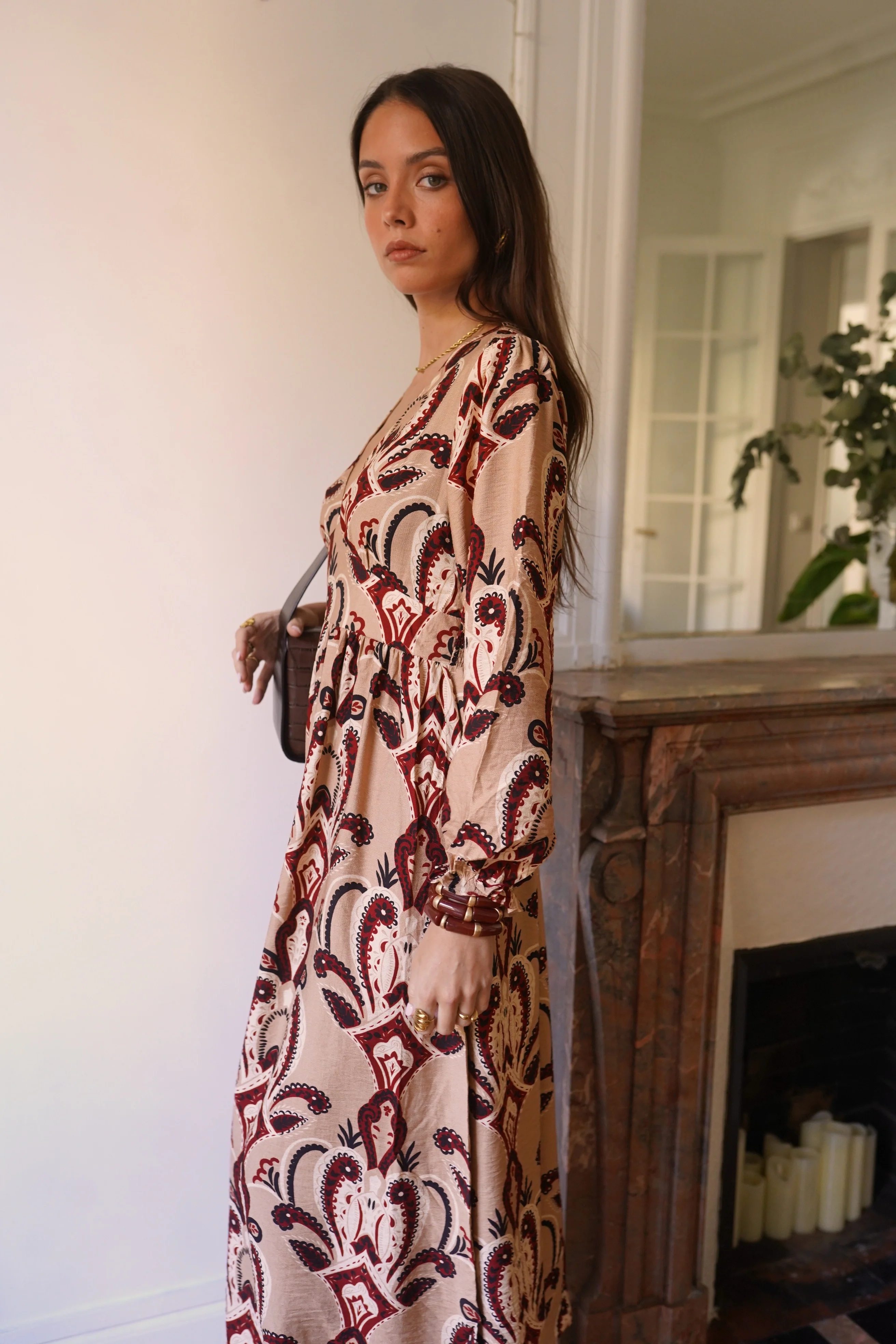 Maxi Pattern Dress - Khaki/Red - Image 4