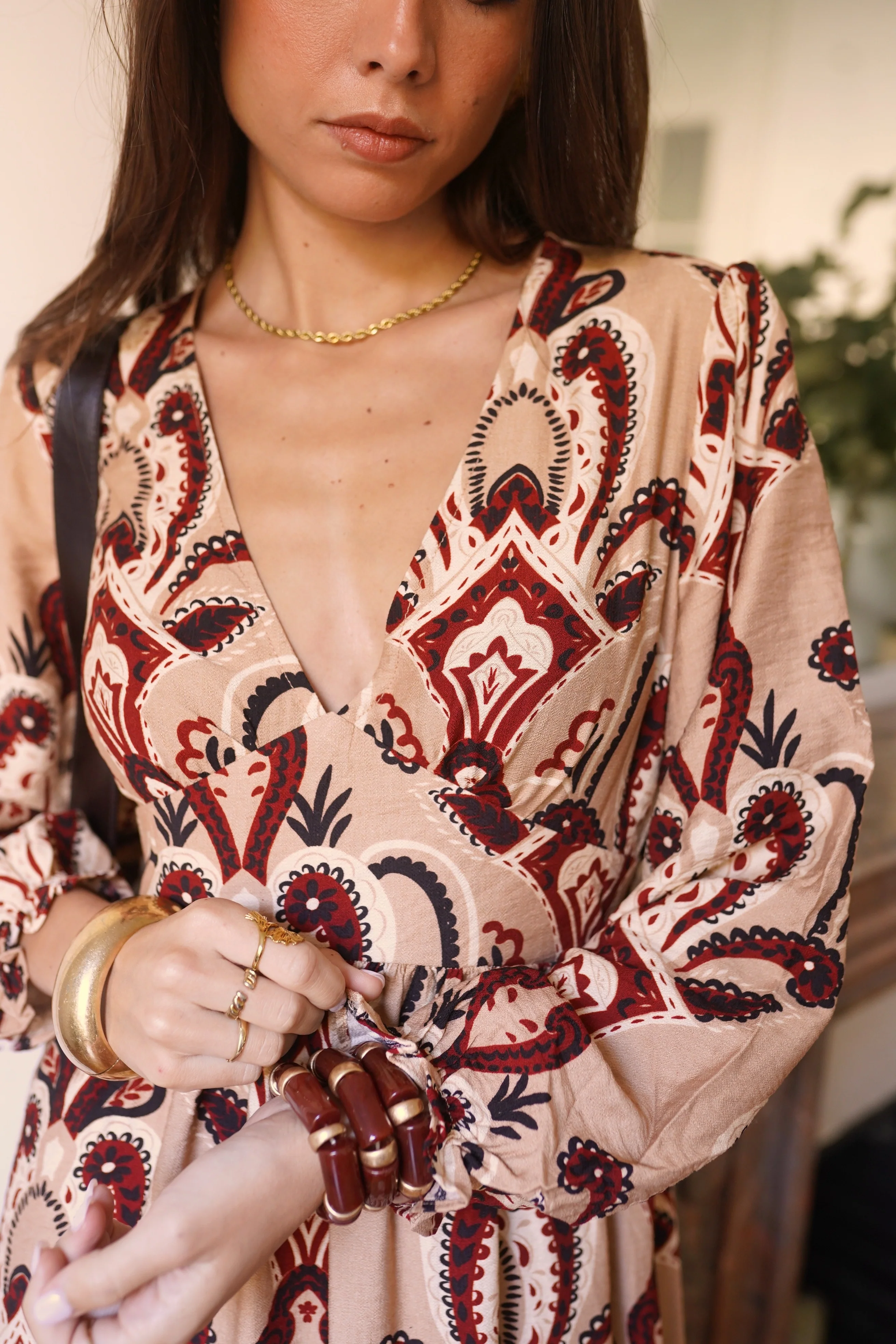 Maxi Pattern Dress - Khaki/Red - Image 5