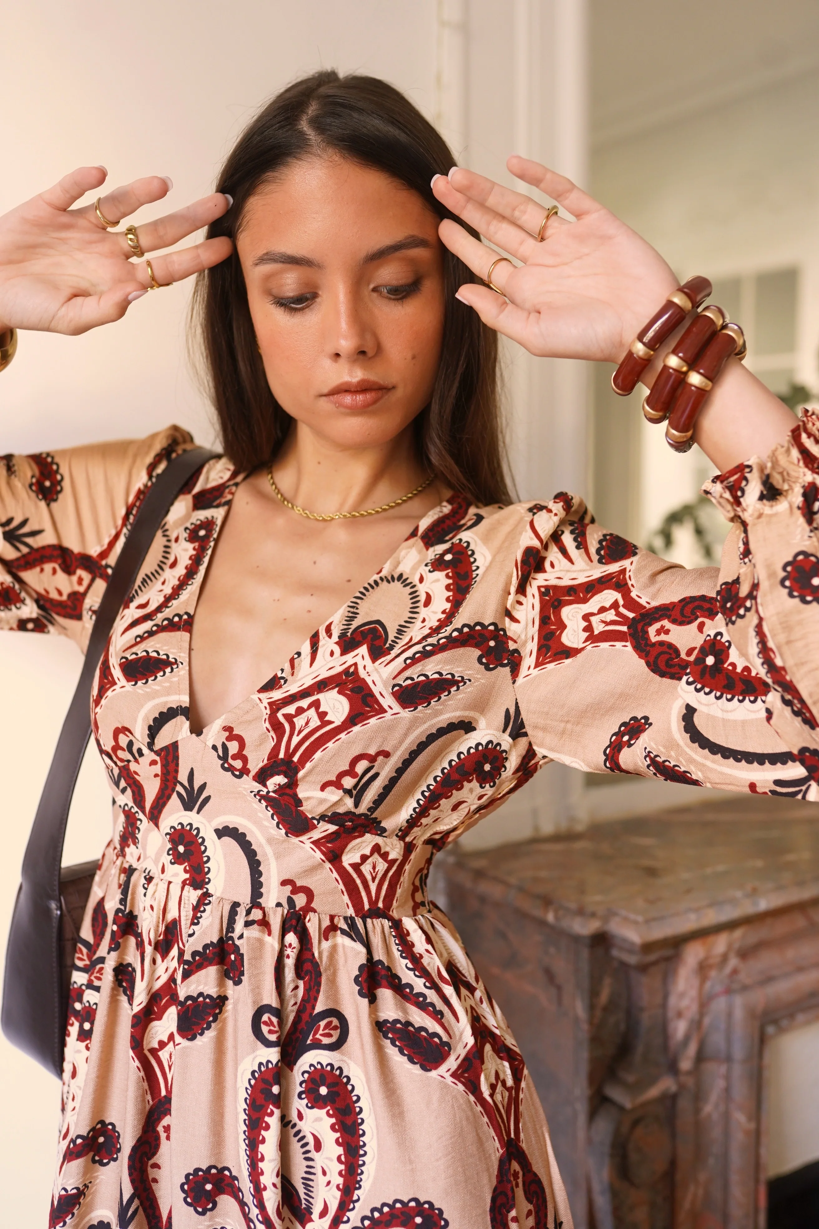 Maxi Pattern Dress - Khaki/Red - Image 9