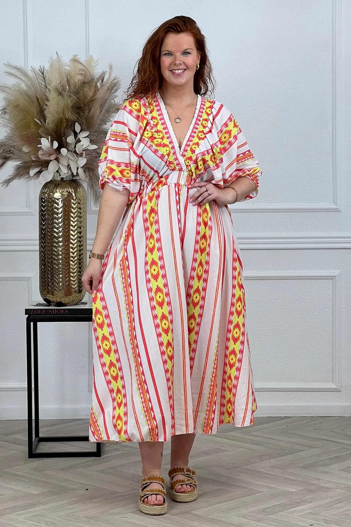 Maxi V Neck Aztec Dress - Orange