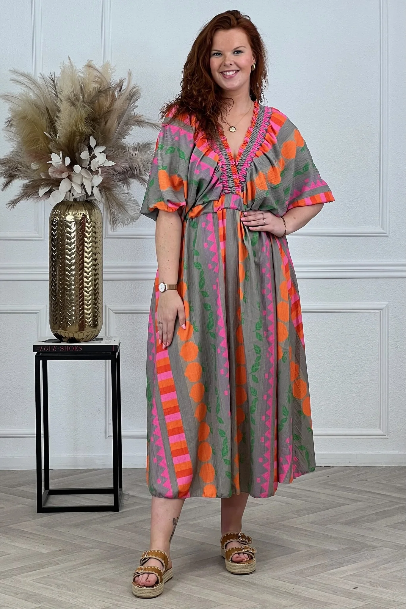 Maxi V Neck Fruit Dress - Orange