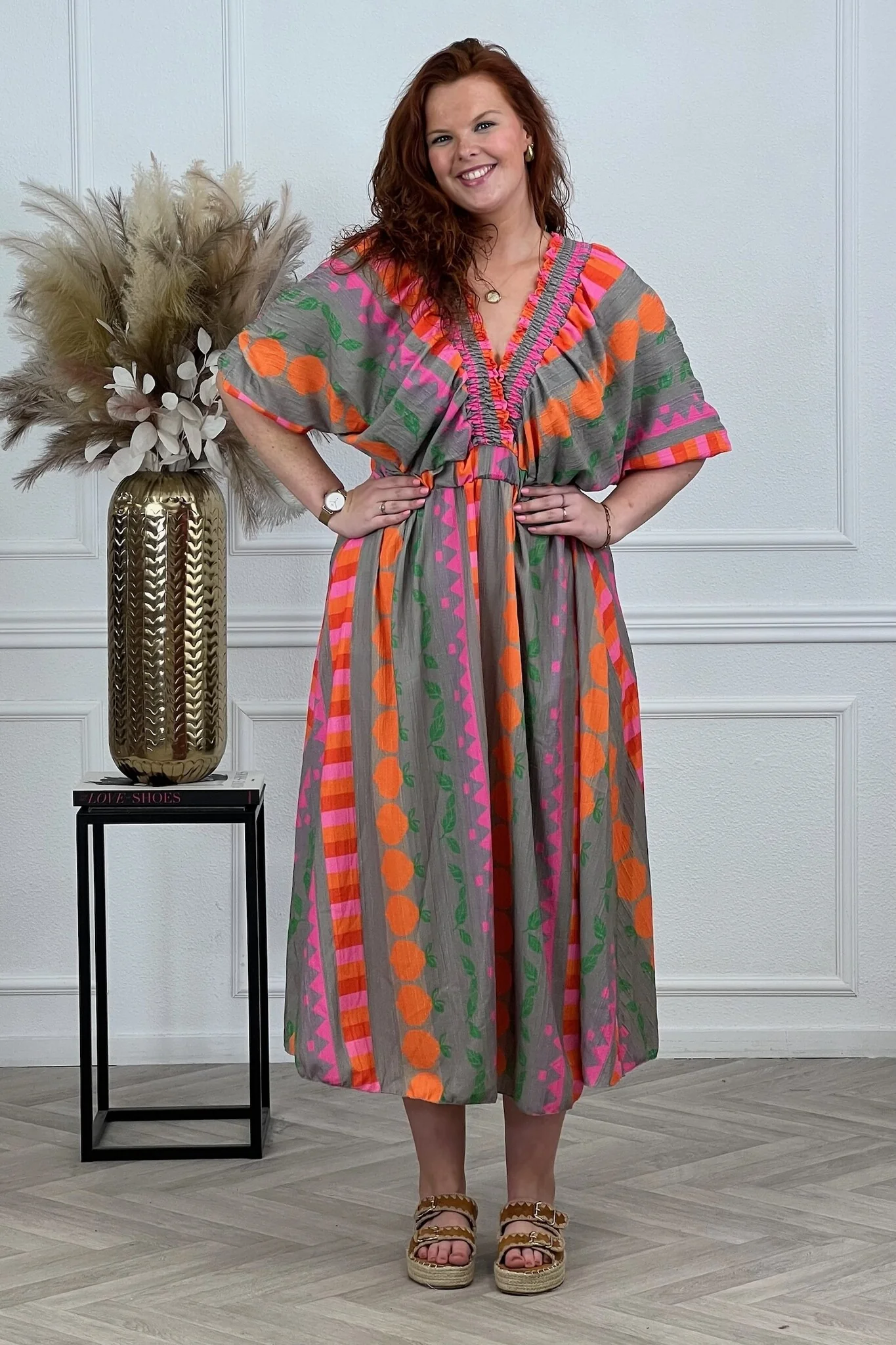 Maxi V Neck Fruit Dress - Orange - Image 2