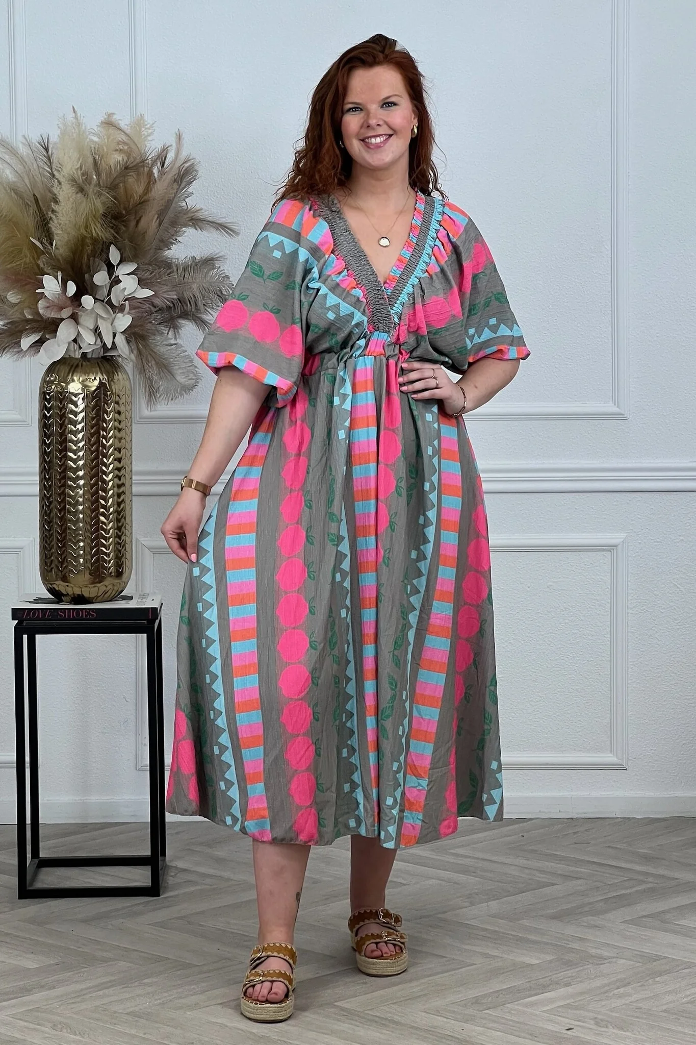 Maxi V Neck Fruit Dress - Pink