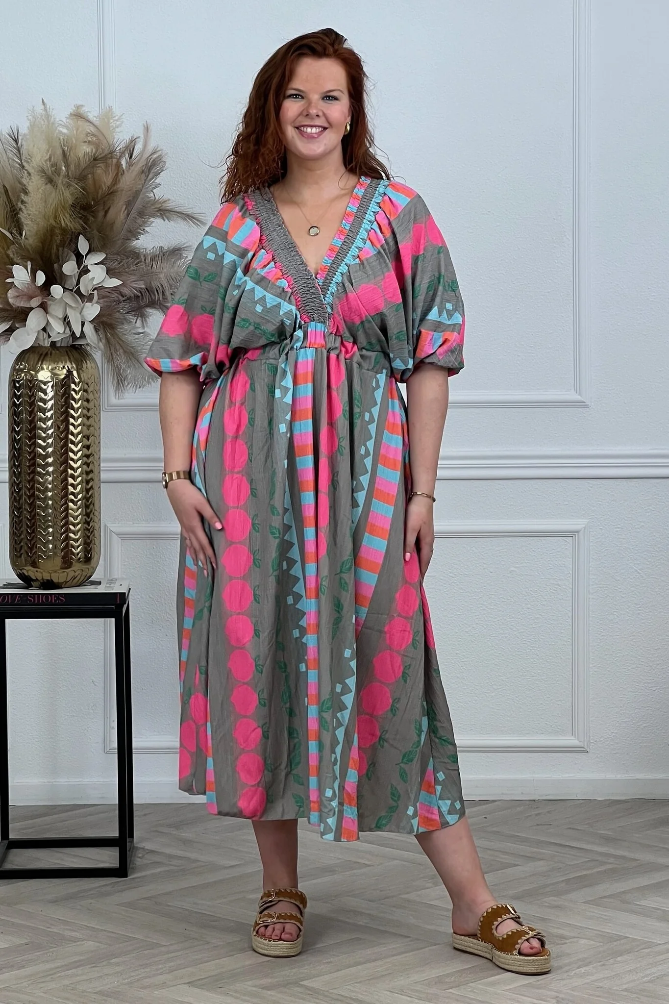 Maxi V Neck Fruit Dress - Pink - Image 2