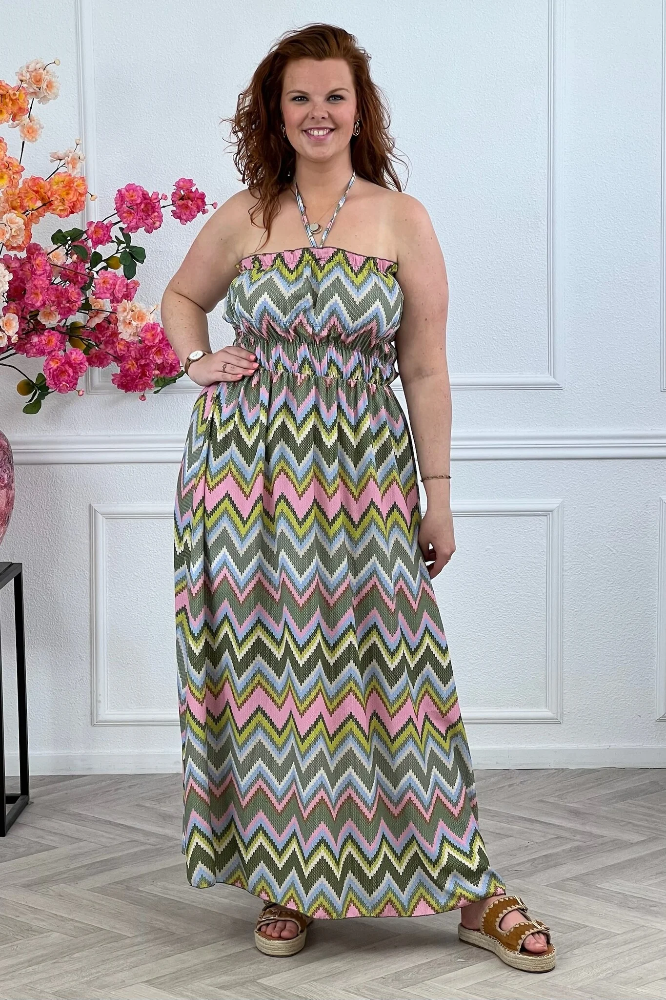 Maxi Zigzag Dress - Armygreen/Pink - Image 3