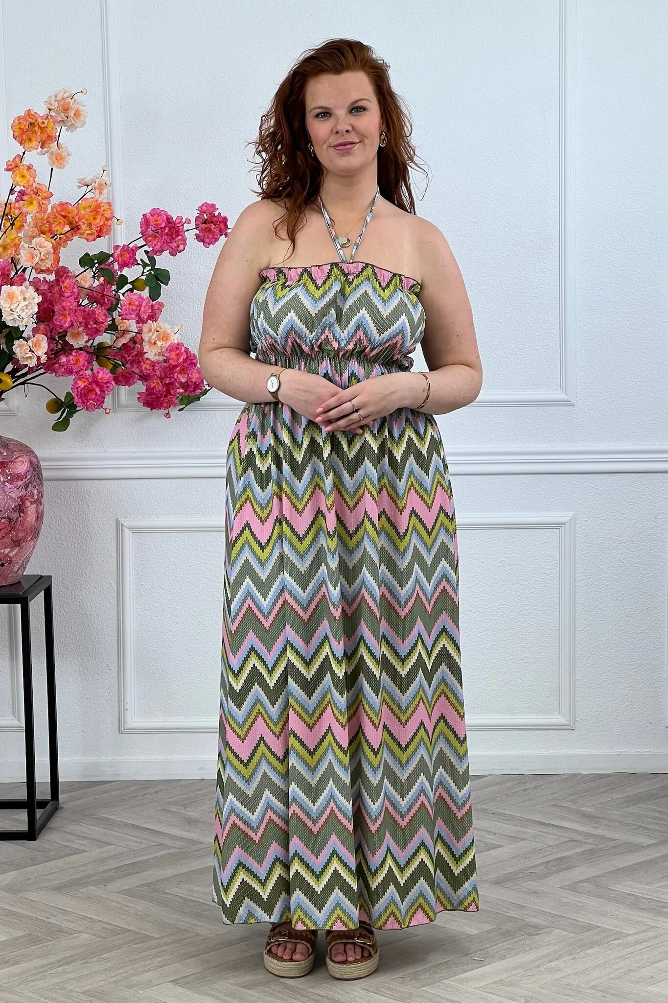 Maxi Zigzag Dress - Armygreen/Pink - Image 4