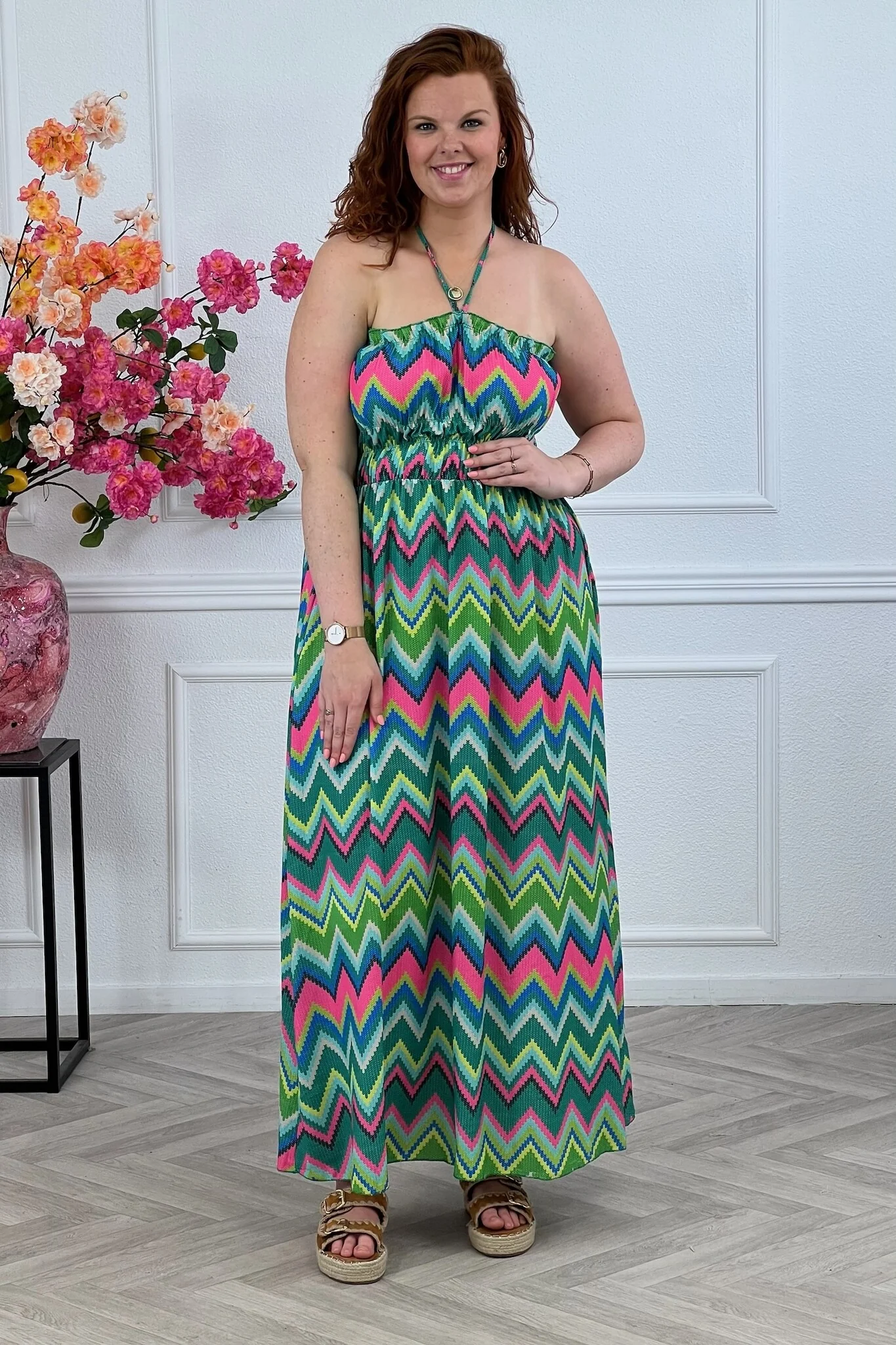 Maxi Zigzag Dress - Green/Pink - Image 2