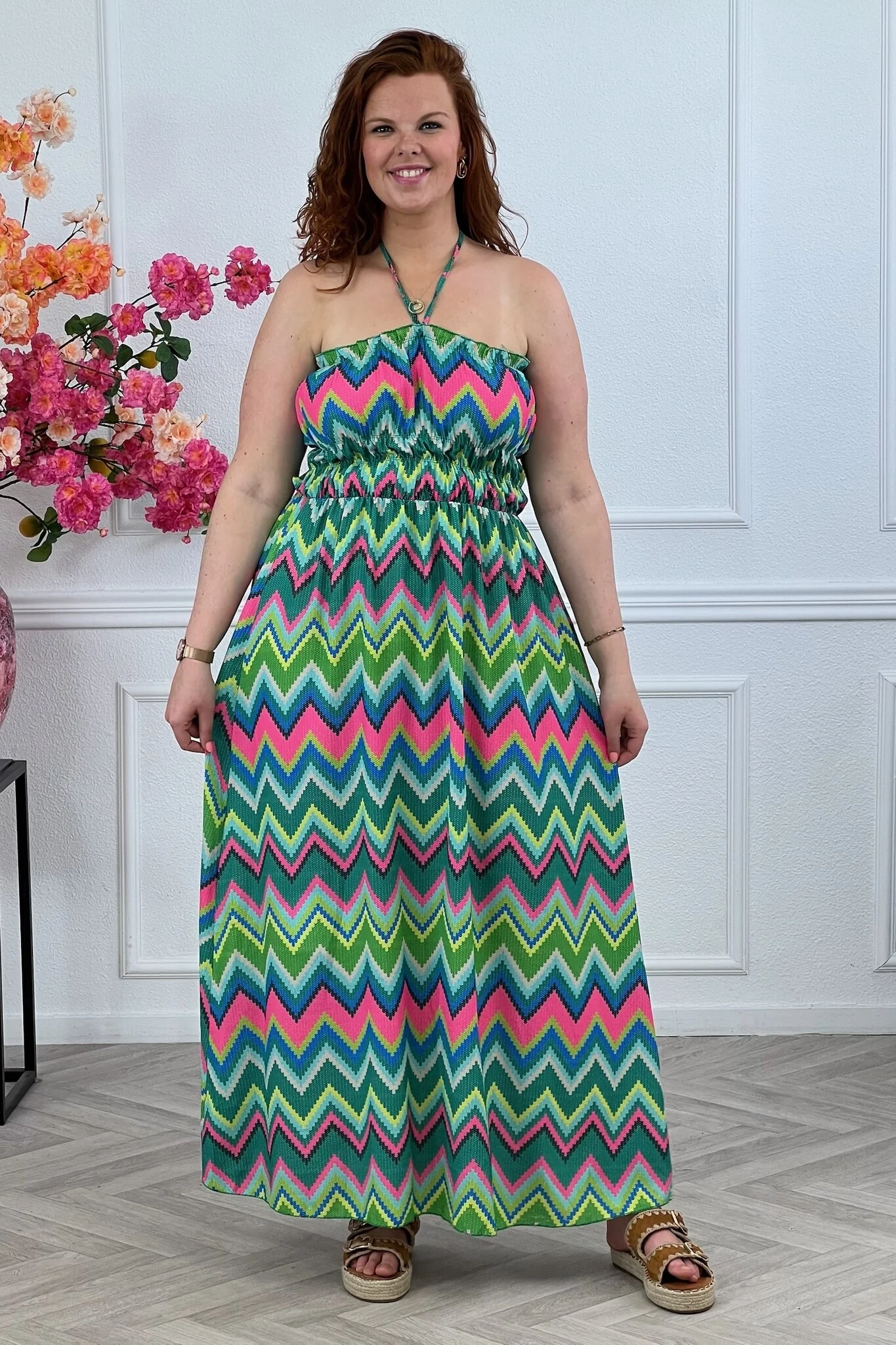 Maxi Zigzag Dress - Green/Pink - Image 3