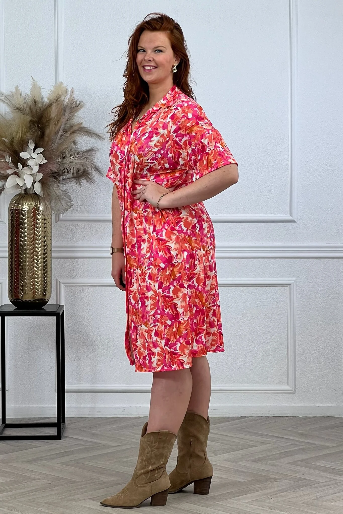 Midi Blouse Dress Flowers - Pink/Orange/White - Image 2