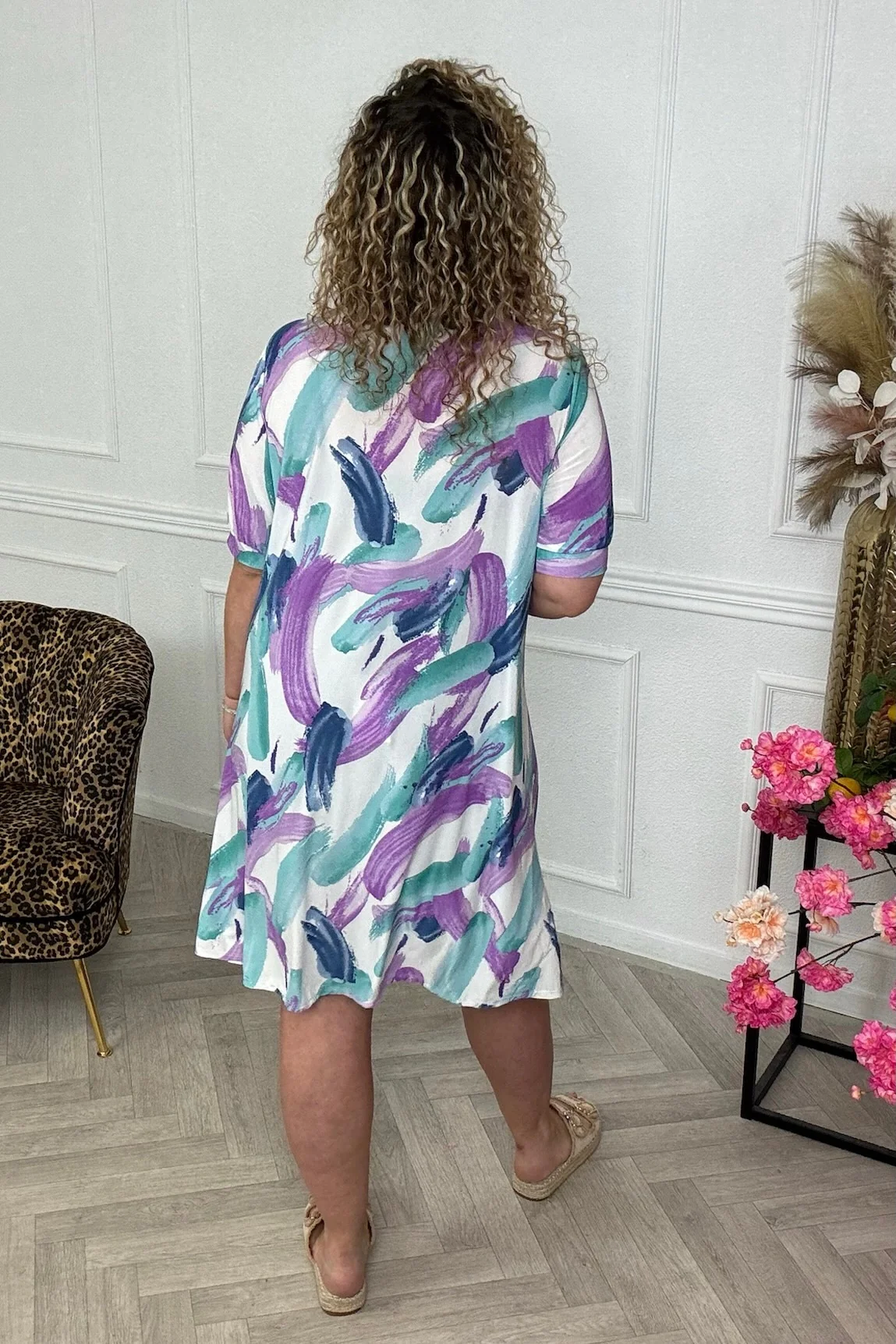 Midi Blouse Dress -  White/Purple/Green - Image 3