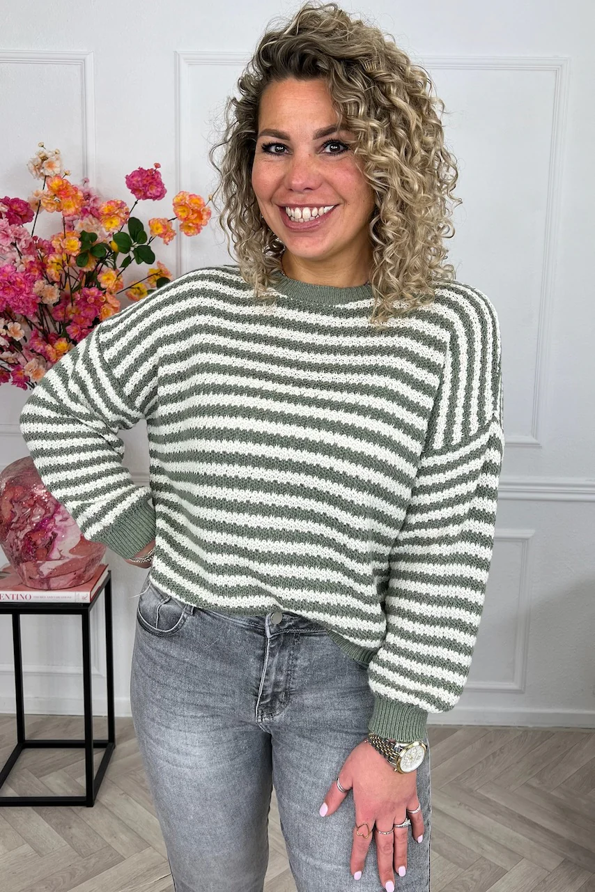 Mila Cotton Striped Sweater - Armygreen/White - Image 2