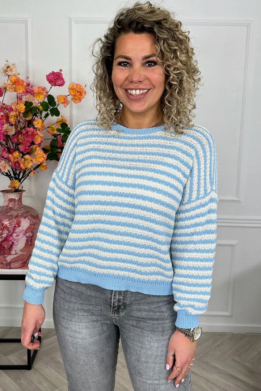 Mila Cotton Striped Sweater - Light Blue/White - Image 2