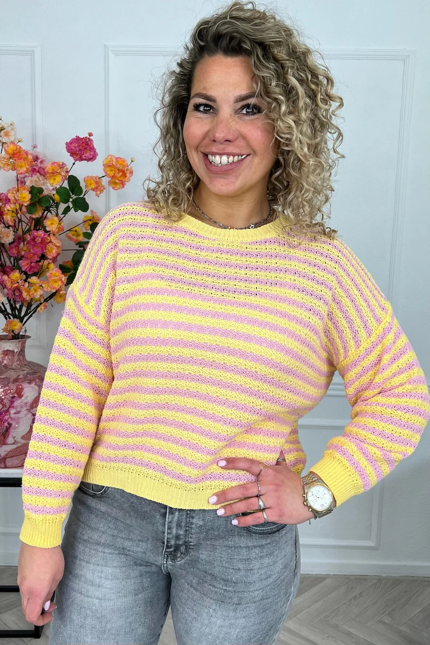 Mila Cotton Striped Sweater - Pink/Yellow - Image 2
