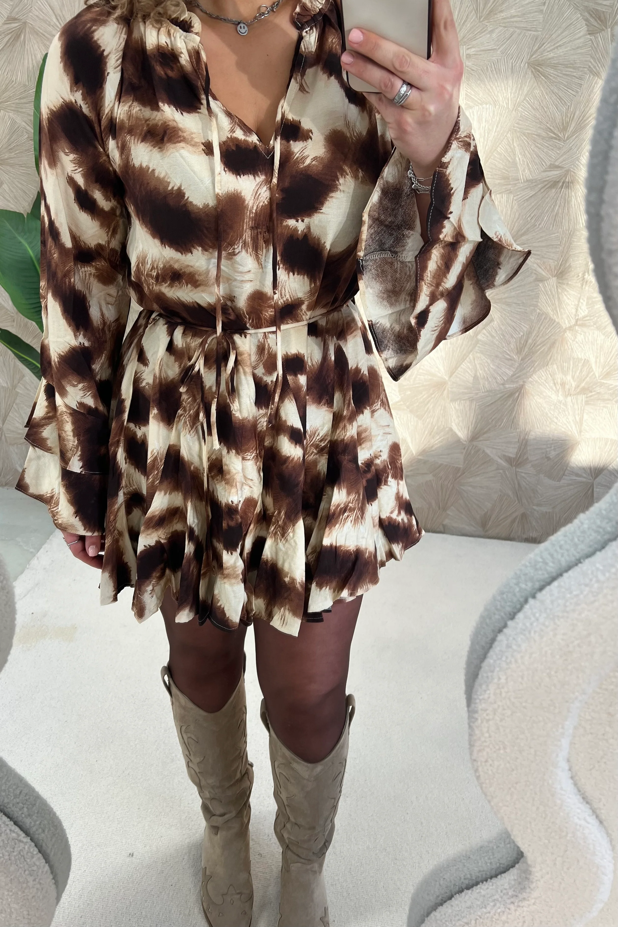 Milos Ruffle Dress - Brown/Beige - Image 4