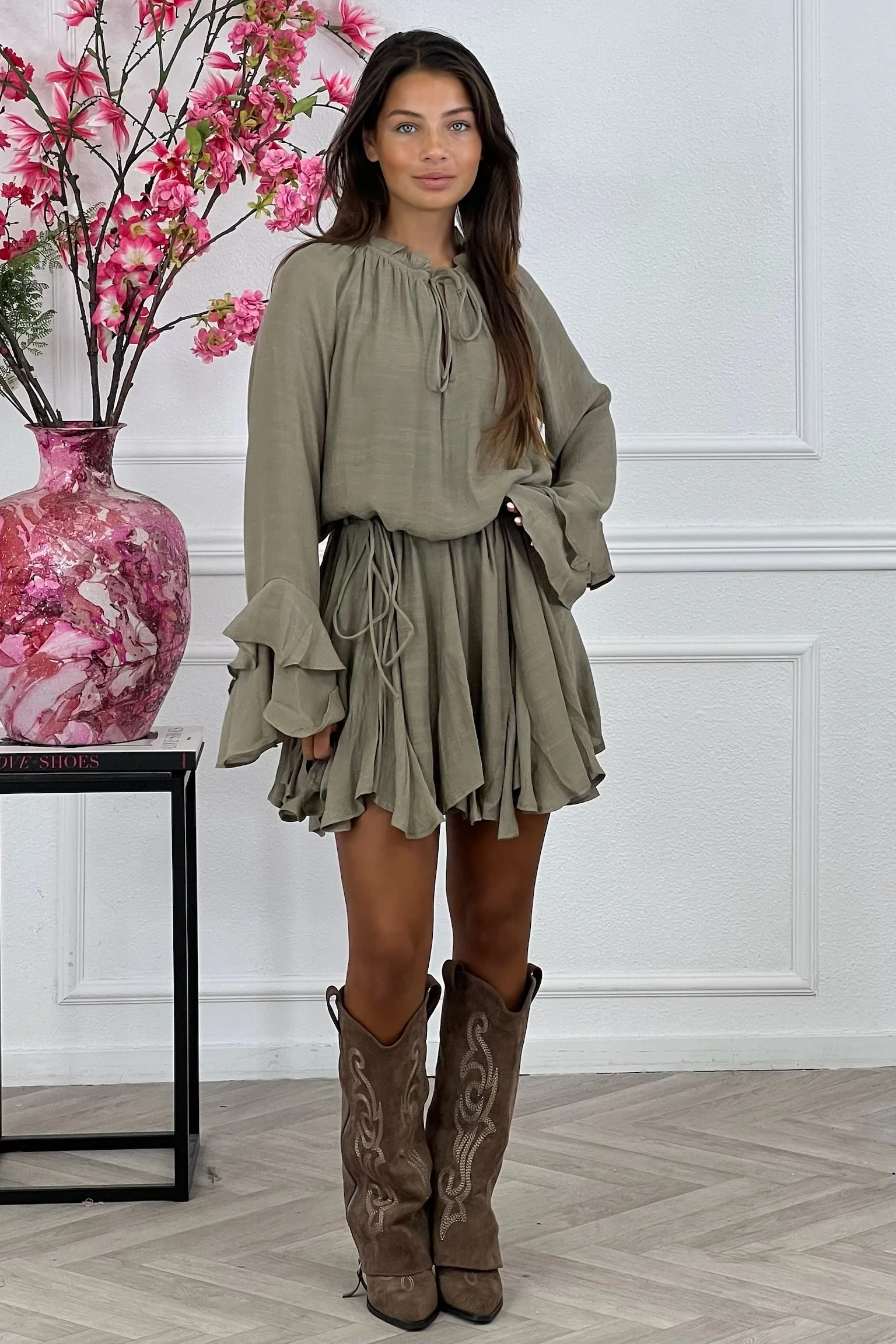 Milos Ruffle Dress - Khaki - Image 3