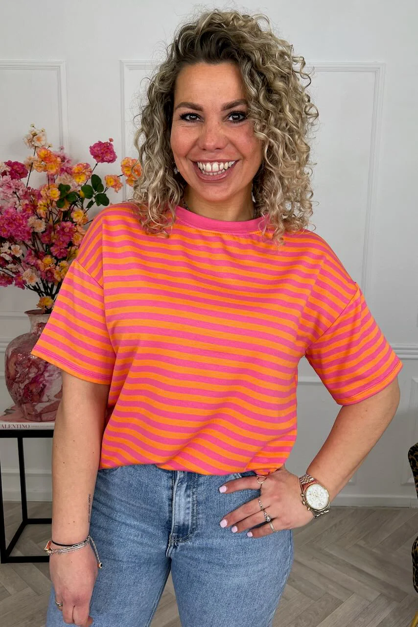 Musthave Short Sleeve Striped Shirt - Fuchsia/Orange - Image 3