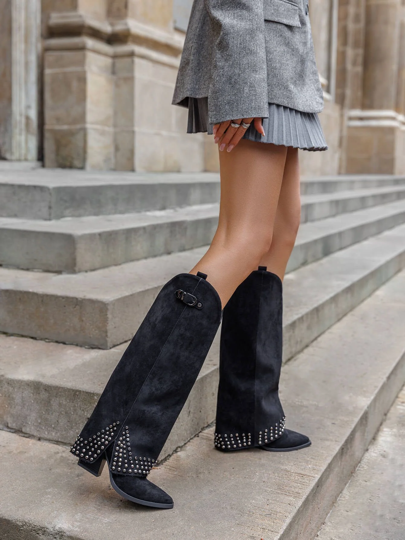 Musthave Suede Stud Boots - Black