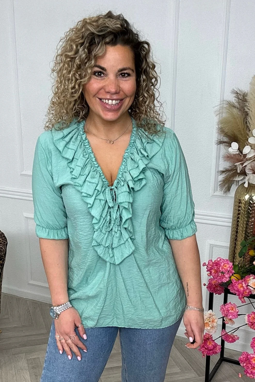 Musthave V Neck Ruffle Blouse - Sage