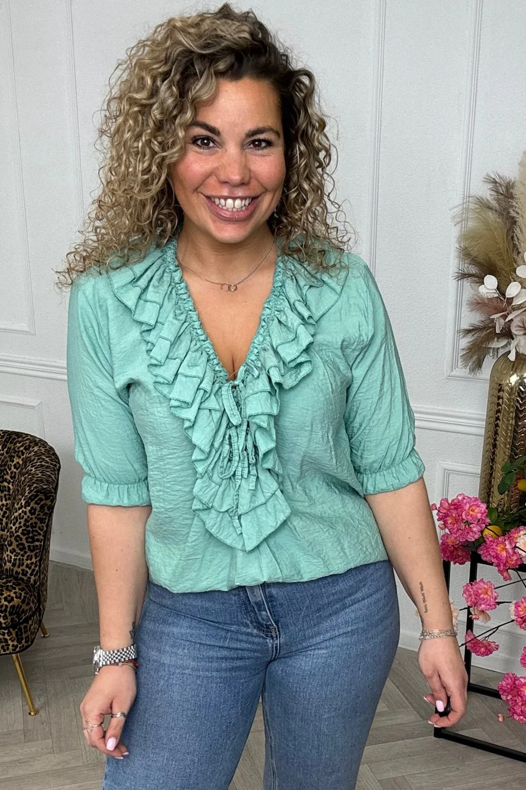 Musthave V Neck Ruffle Blouse - Sage - Image 2