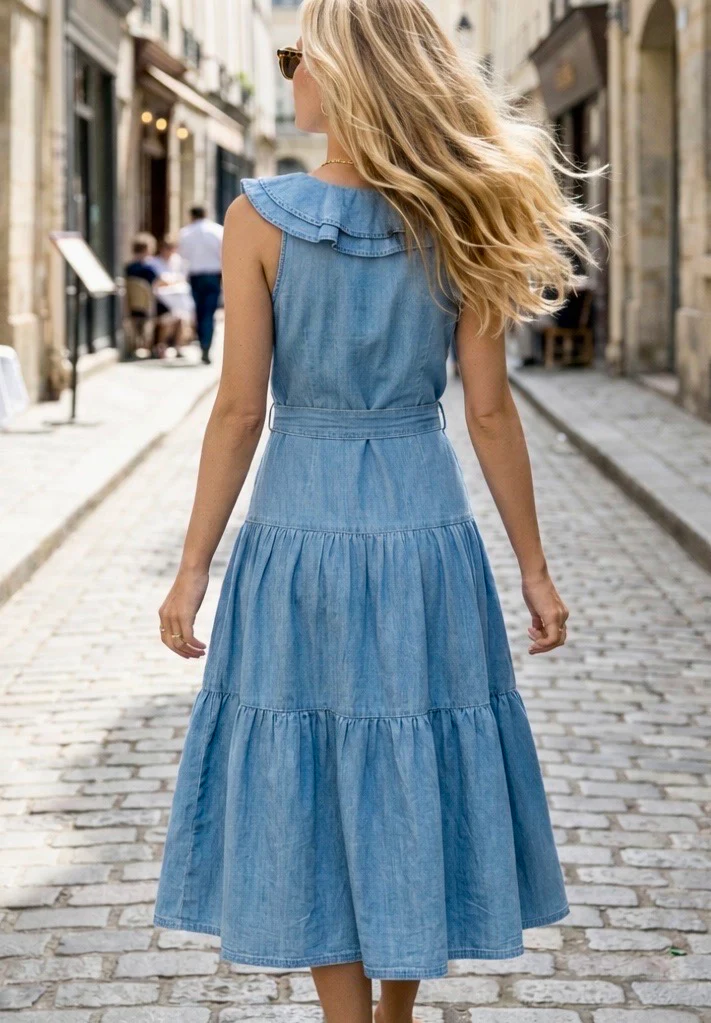 Olivia Ruffle Denim Dress - Light Blue - Image 3