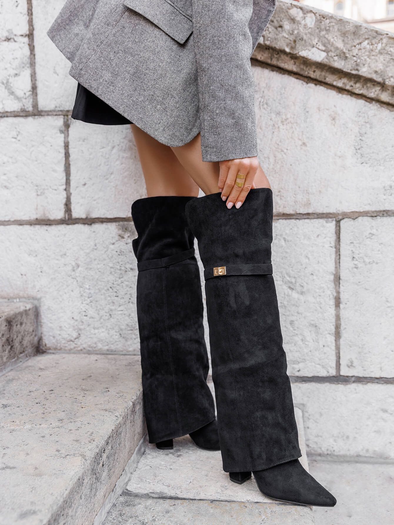 Overknee Suede Buckle Boots - Black