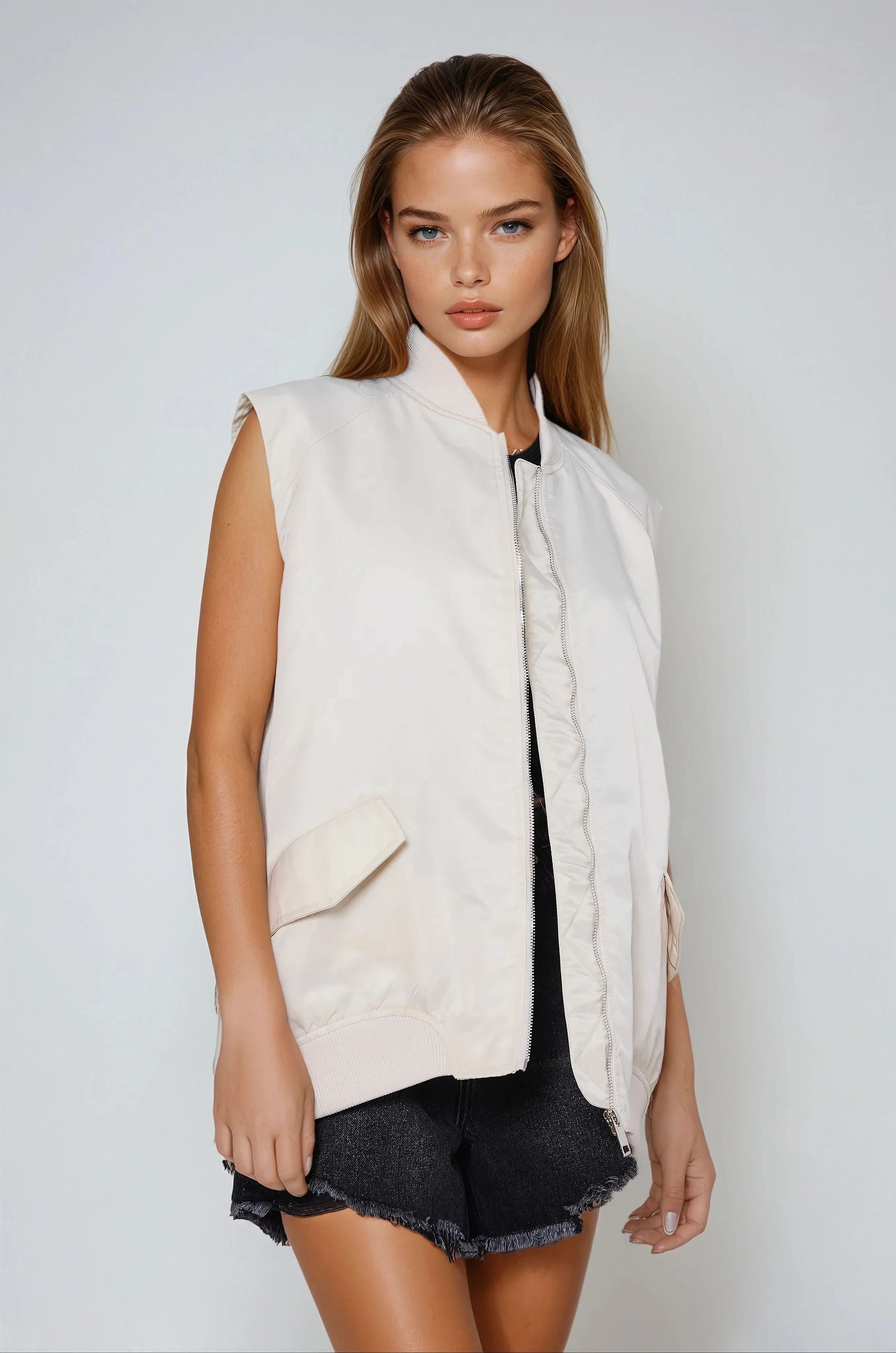 Oversized Bomber Gilet - Beige
