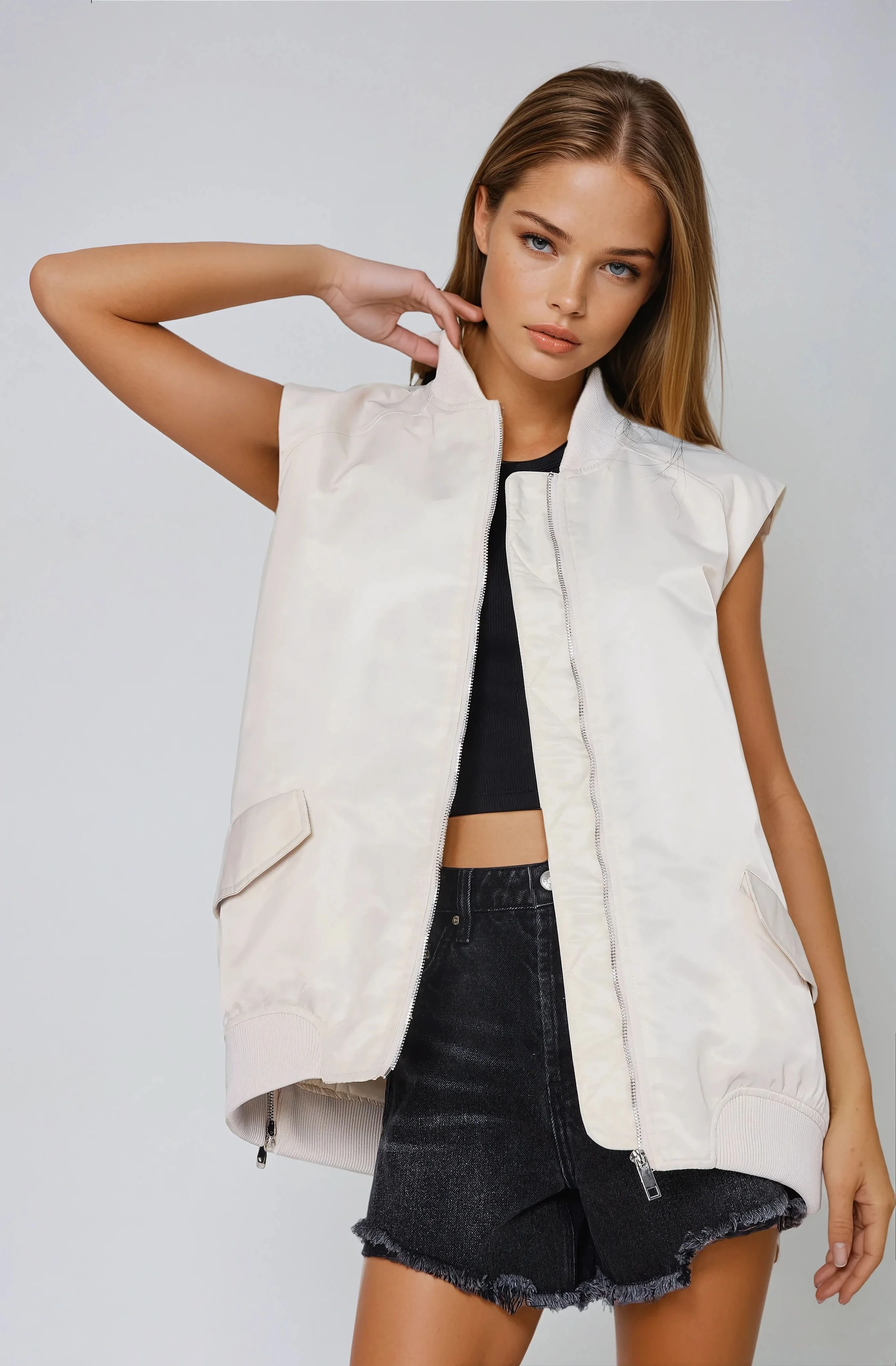 Oversized Bomber Gilet - Beige - Image 2