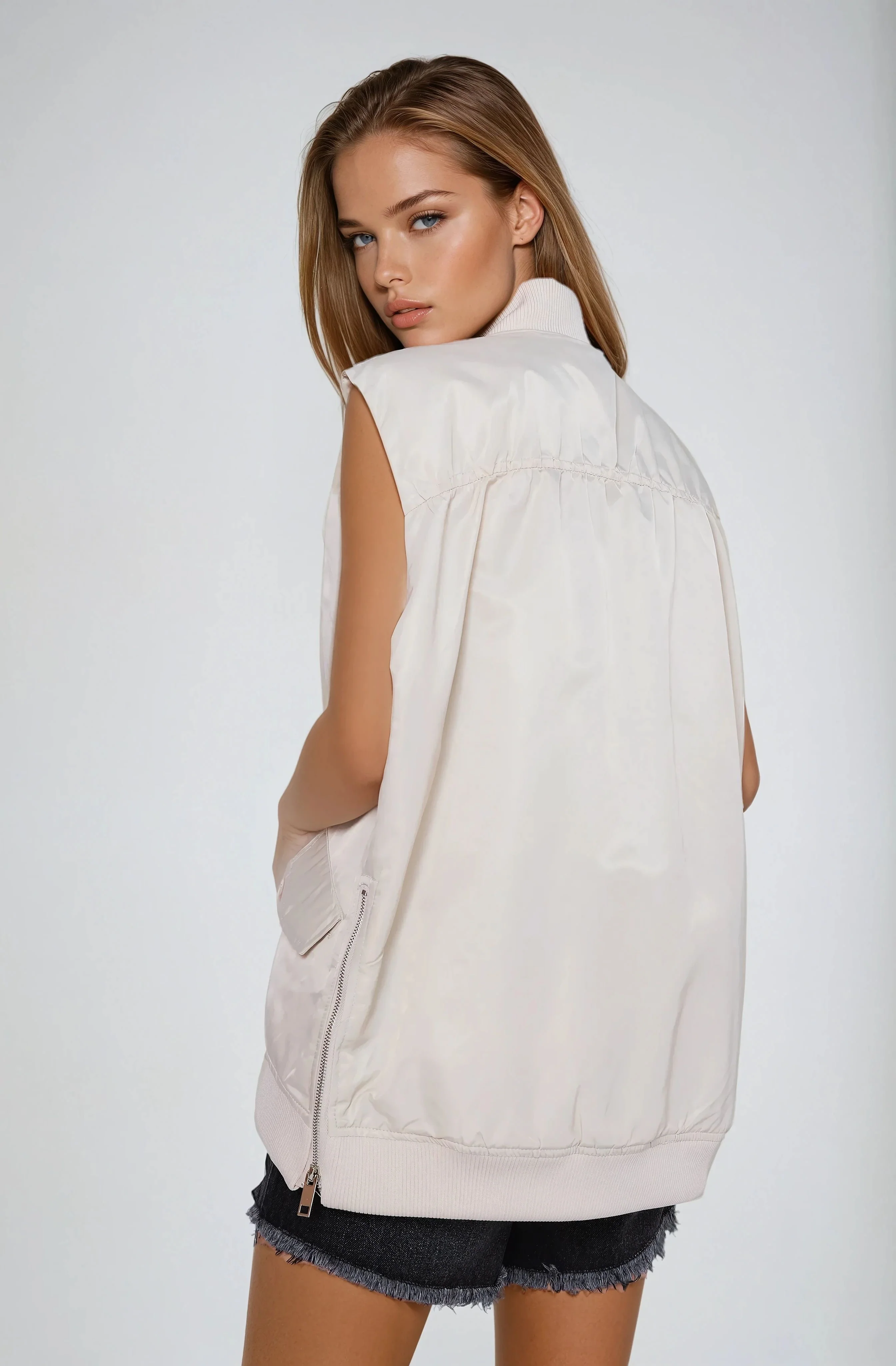 Oversized Bomber Gilet - Beige - Image 3