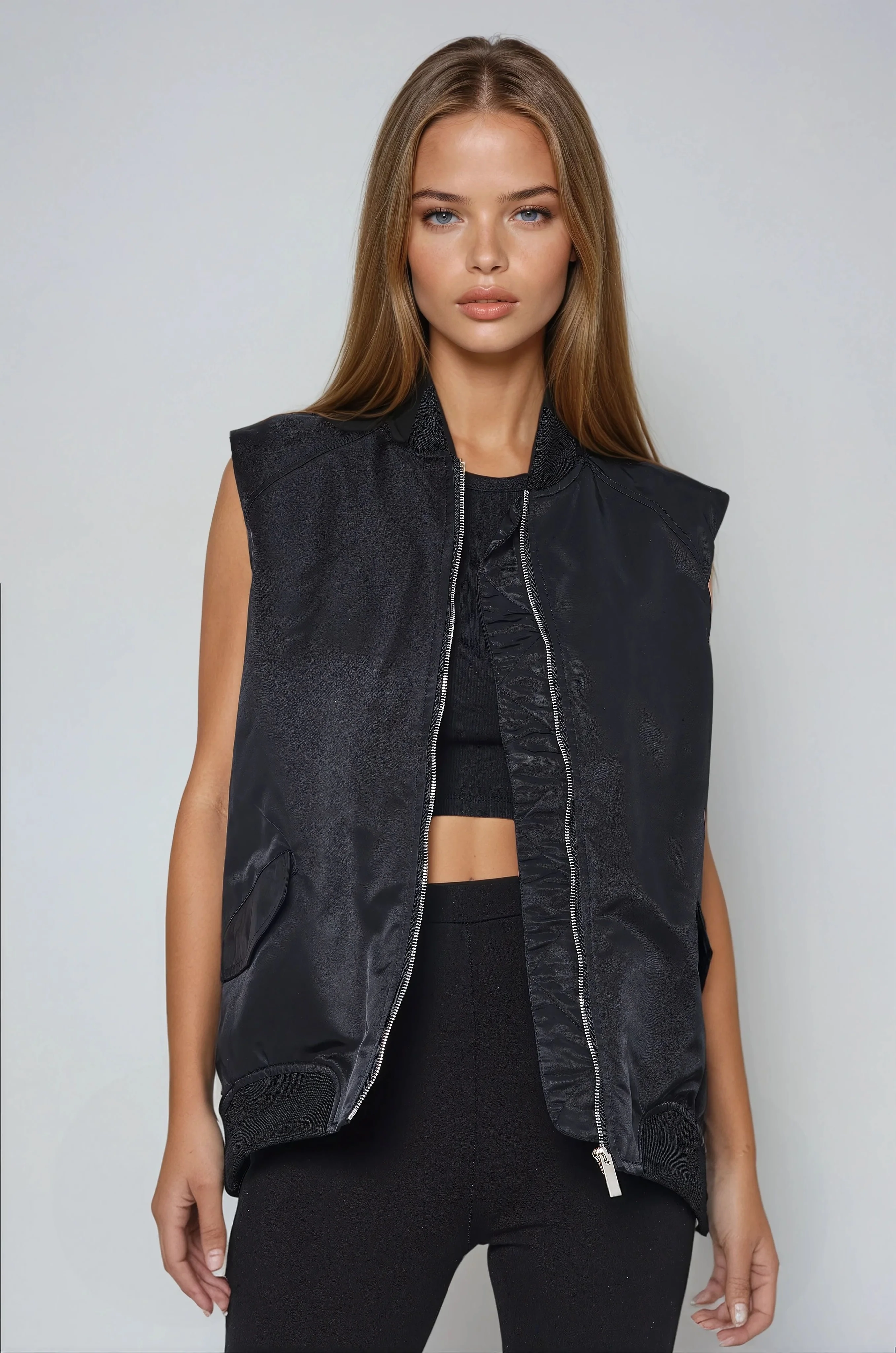 Oversized Bomber Gilet - Black - Image 2