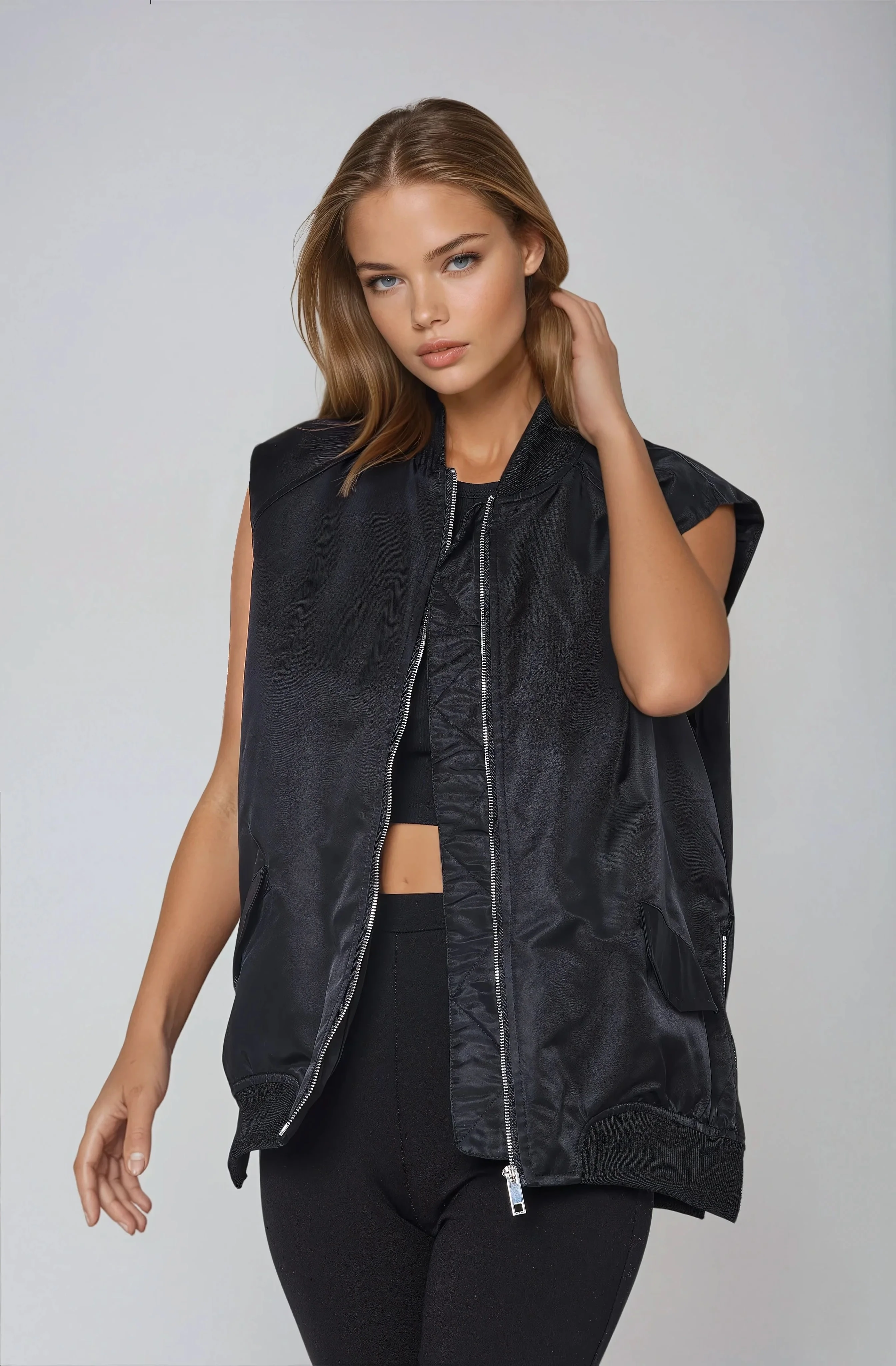 Oversized Bomber Gilet - Black - Image 3