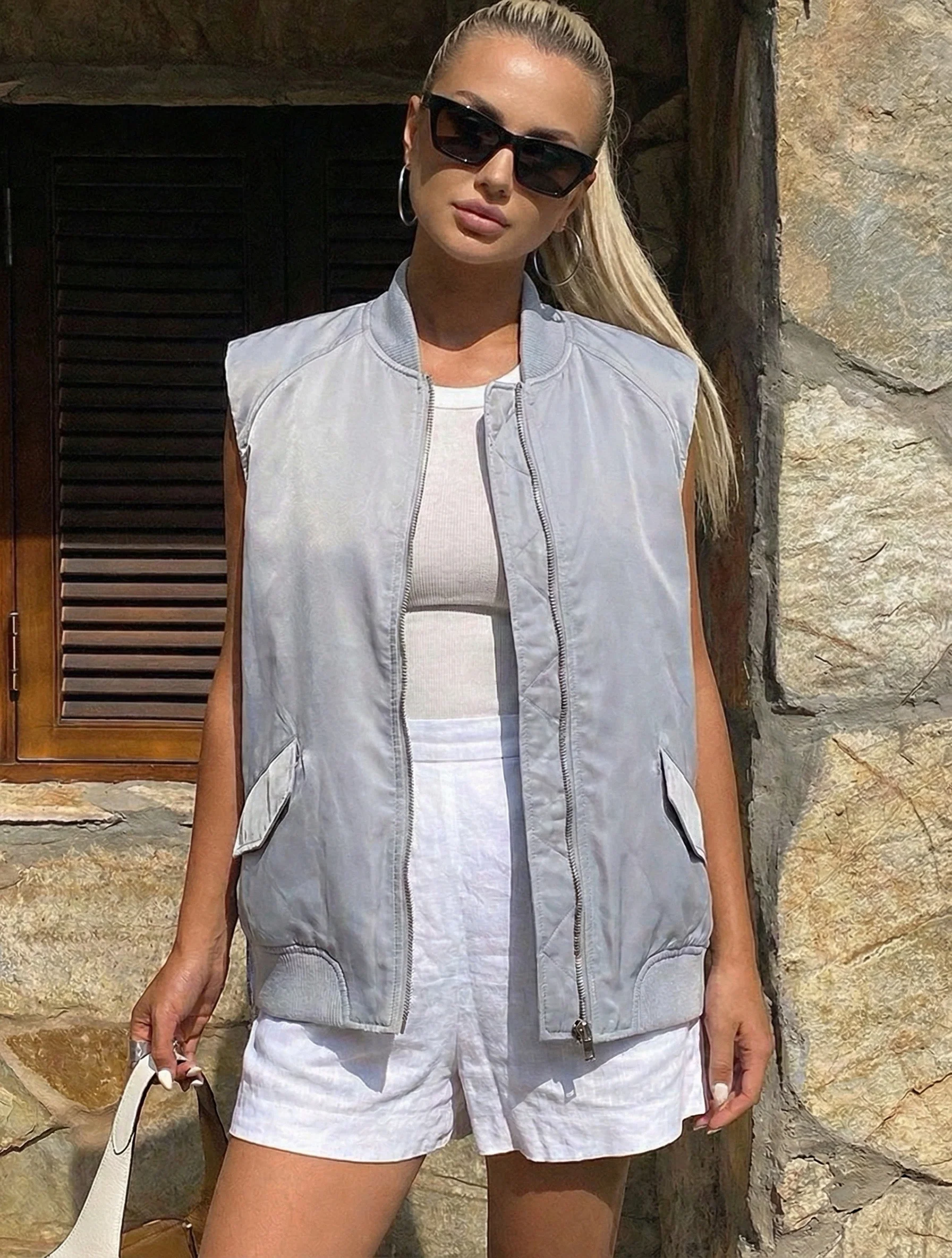 Oversized Bomber Gilet - Grey