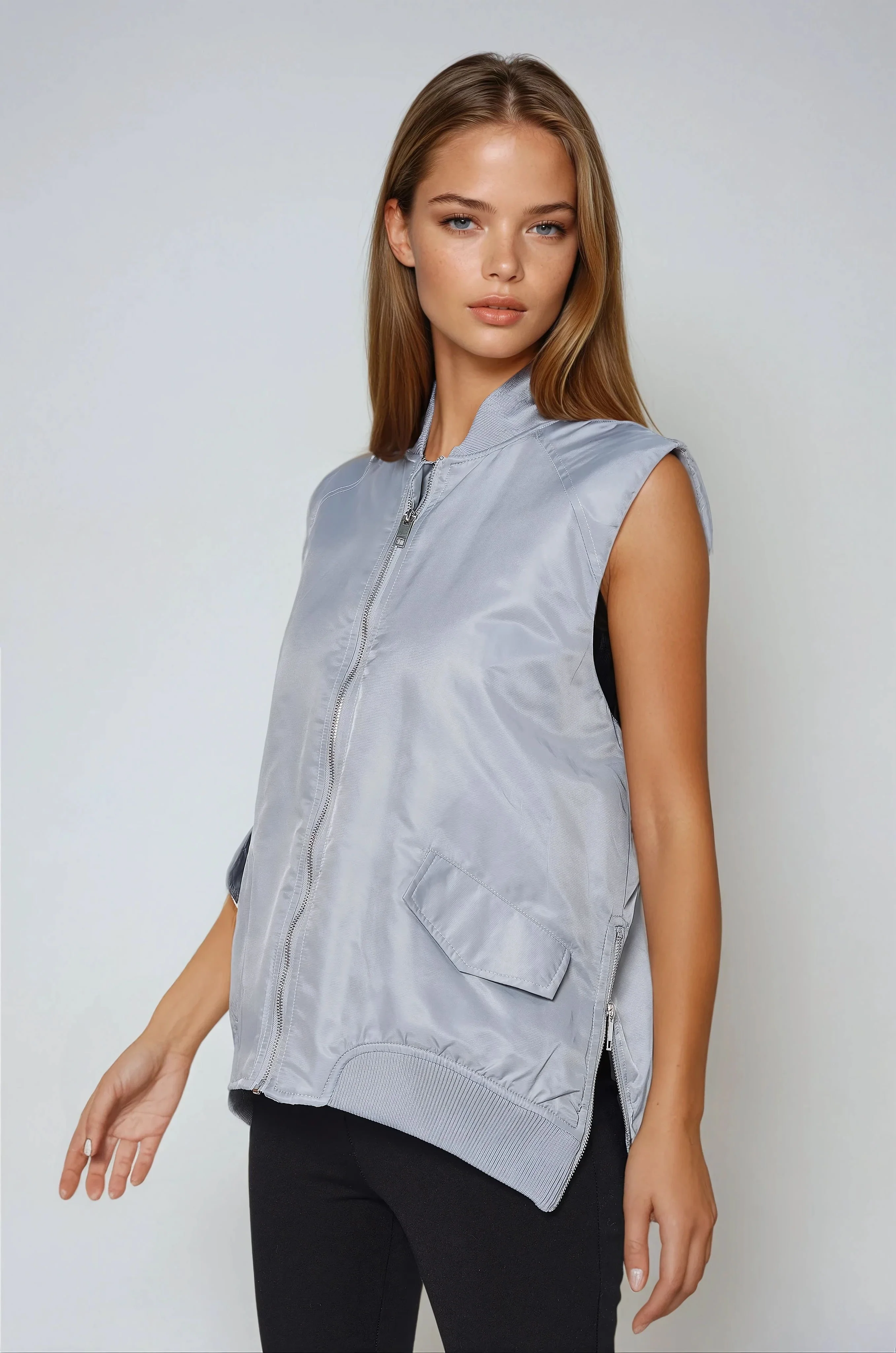 Oversized Bomber Gilet - Grey - Image 2