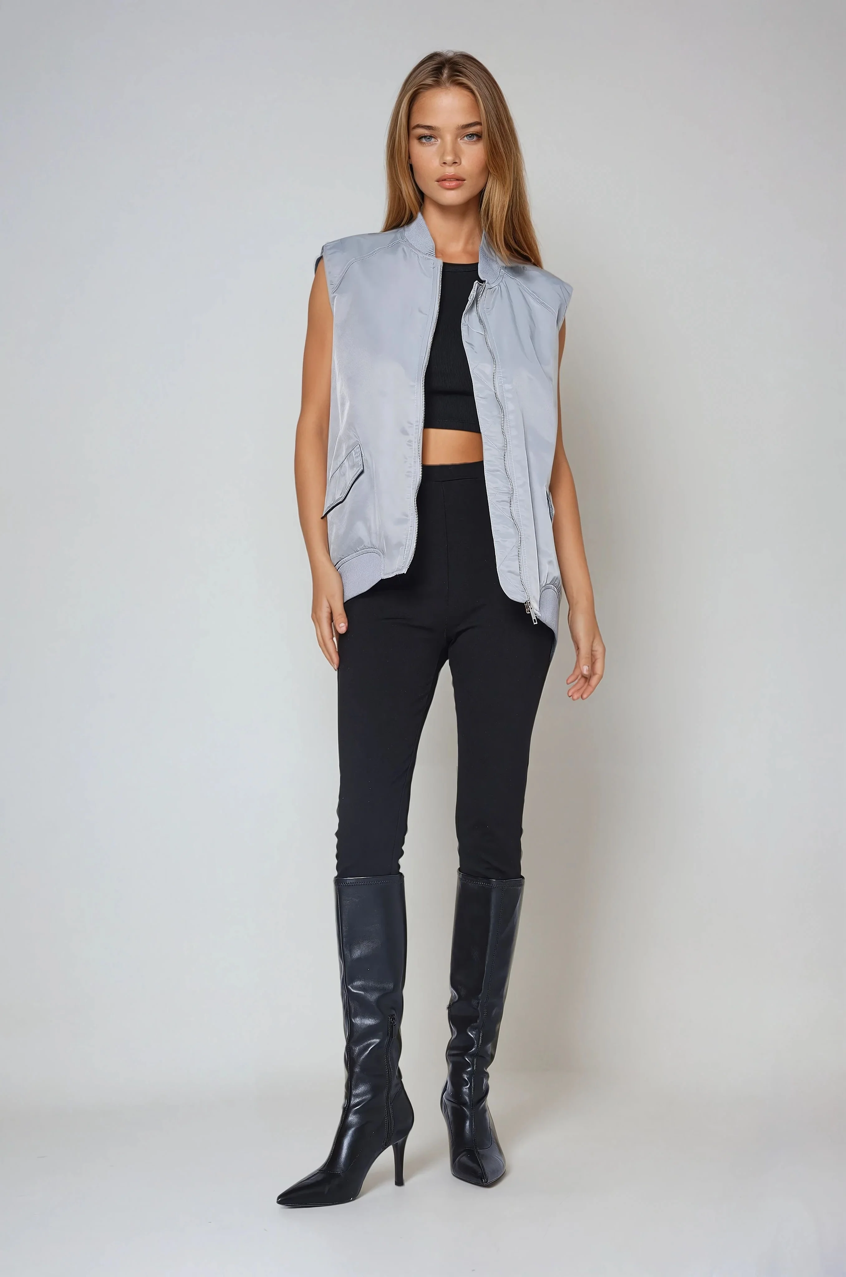 Oversized Bomber Gilet - Grey - Image 4