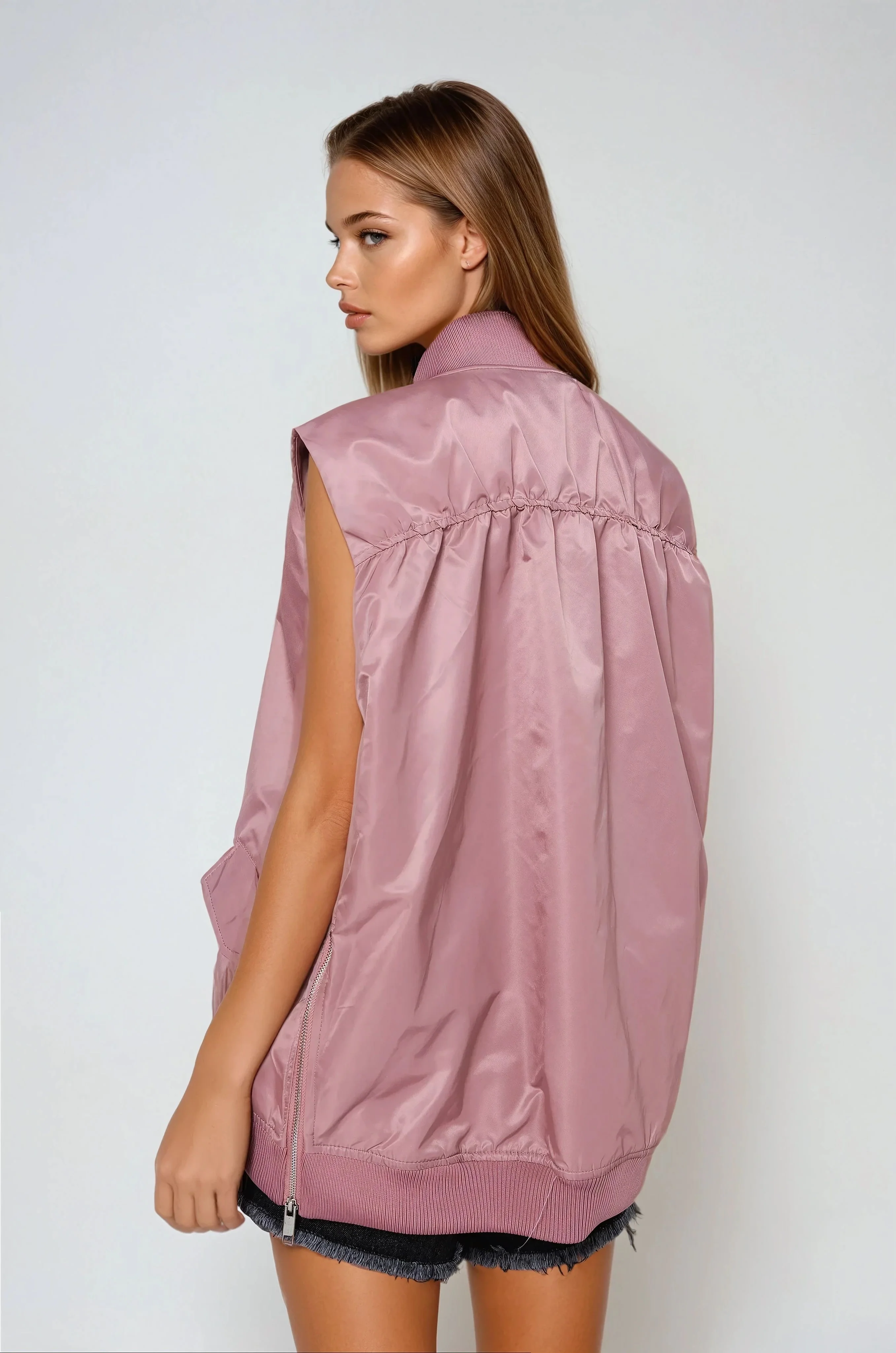 Oversized Bomber Gilet - Old Pink - Image 3