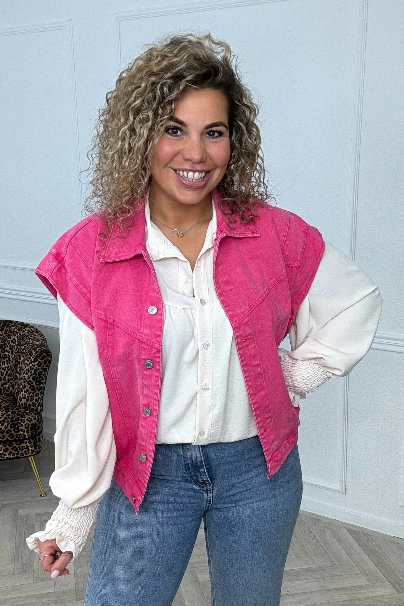 Oversized Denim Gilet Lara - Fuchsia - Image 3