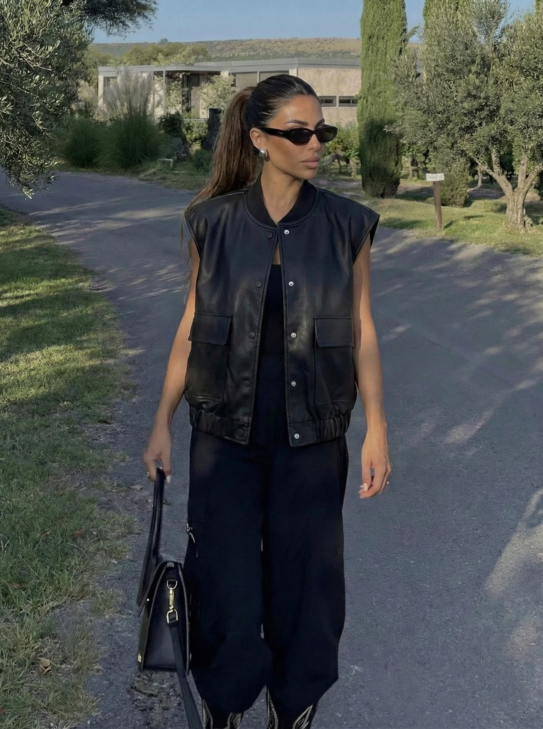 Oversized Lotte Leather Gilet - Black