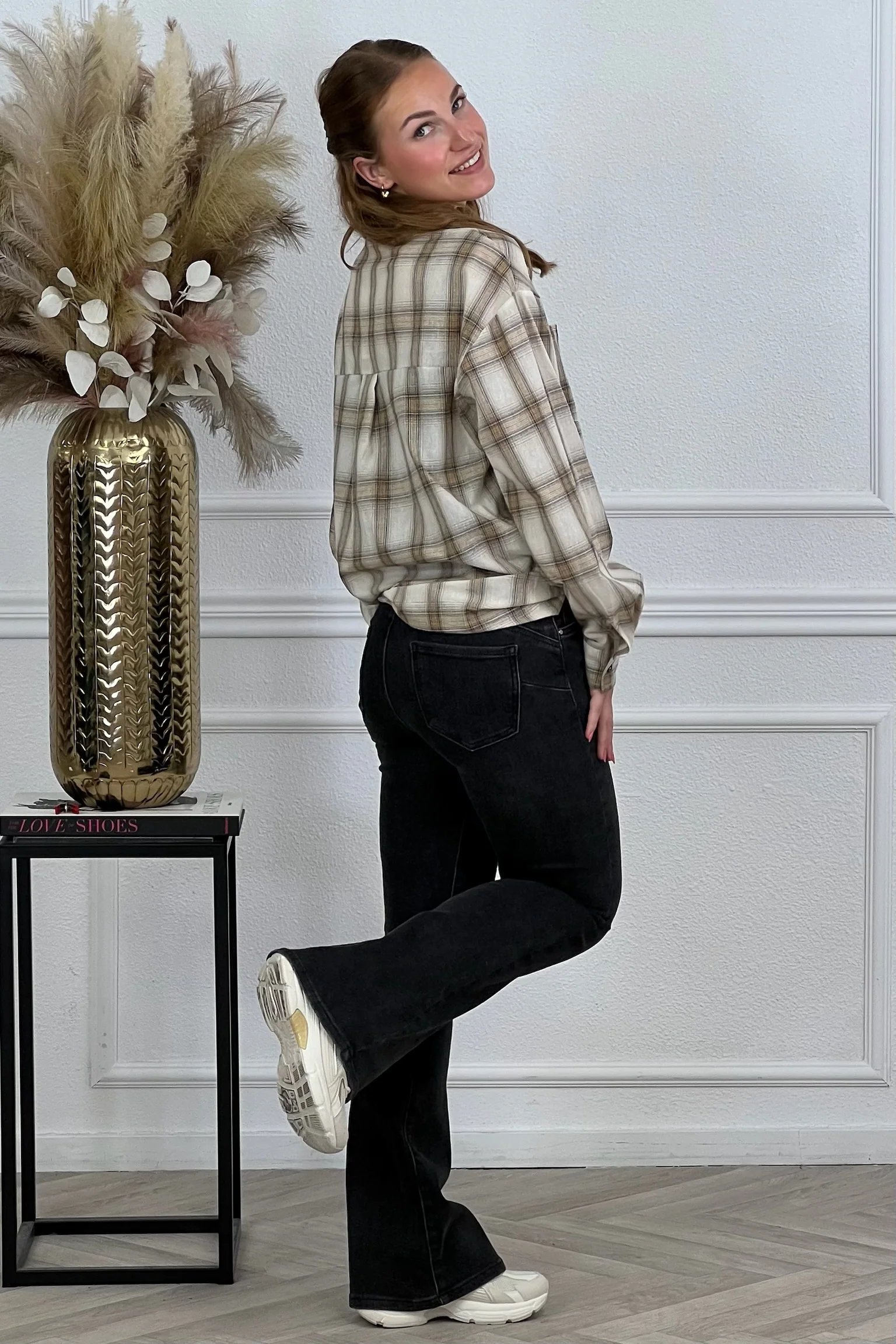 Oversized Plaid Blouse - Beige - Image 10