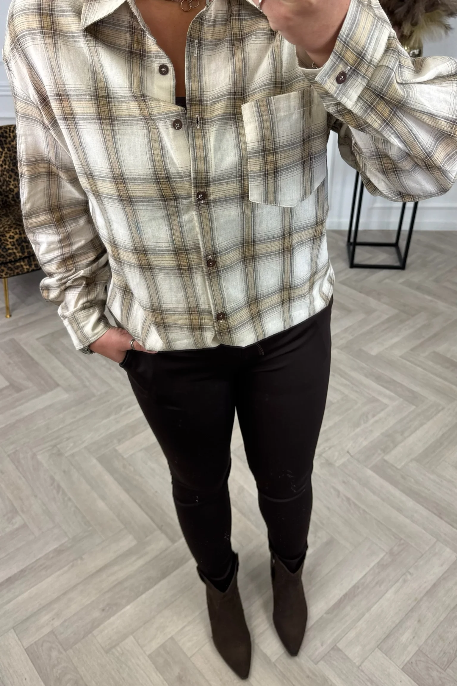 Oversized Plaid Blouse - Beige - Image 2