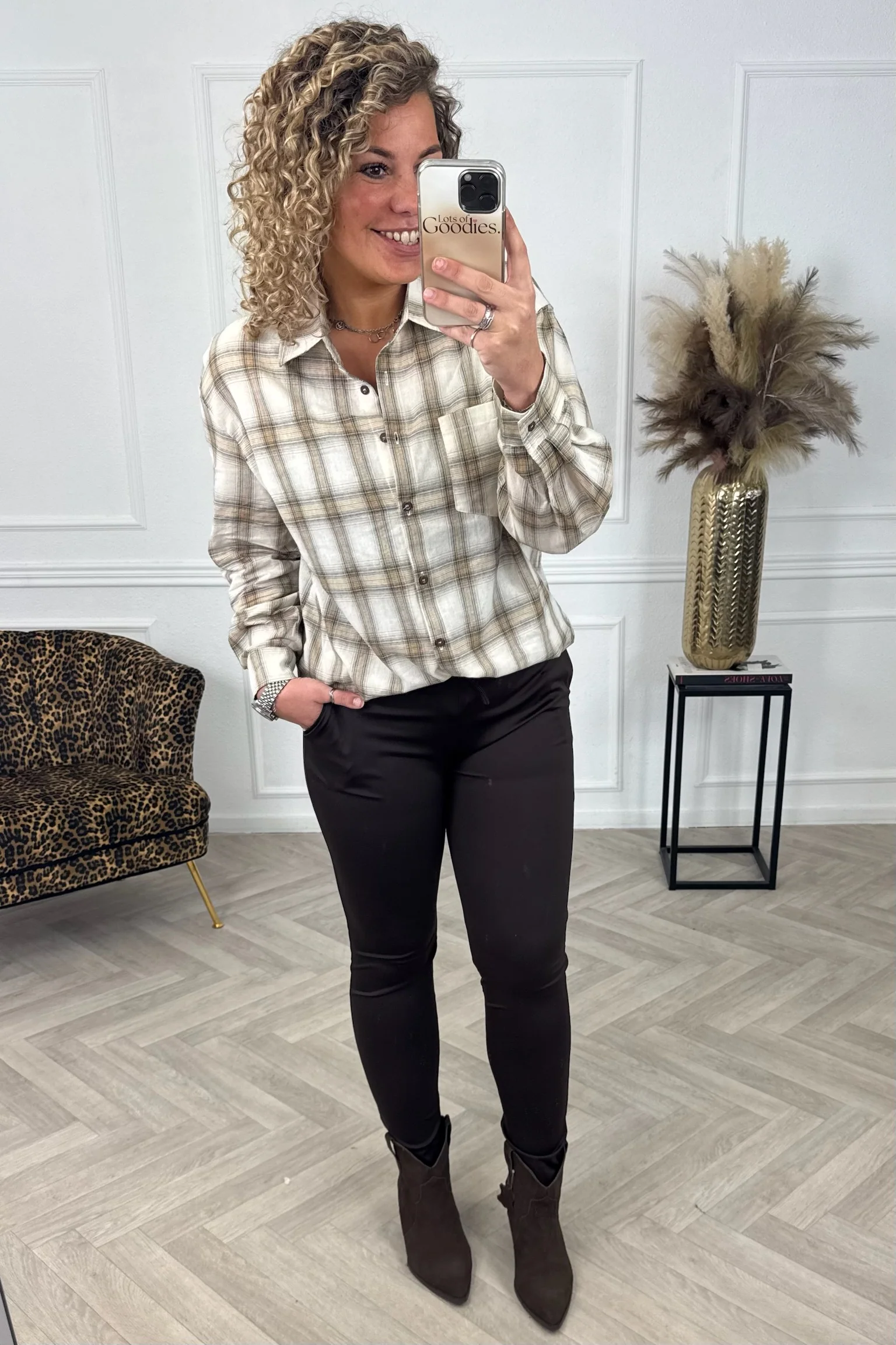 Oversized Plaid Blouse - Beige - Image 3