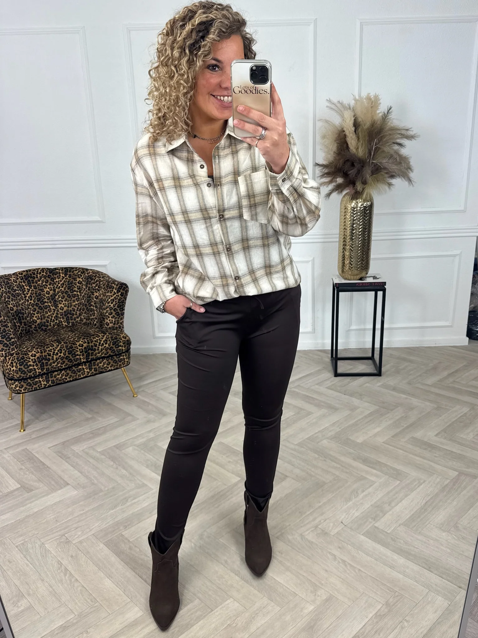 Oversized Plaid Blouse - Beige - Image 4